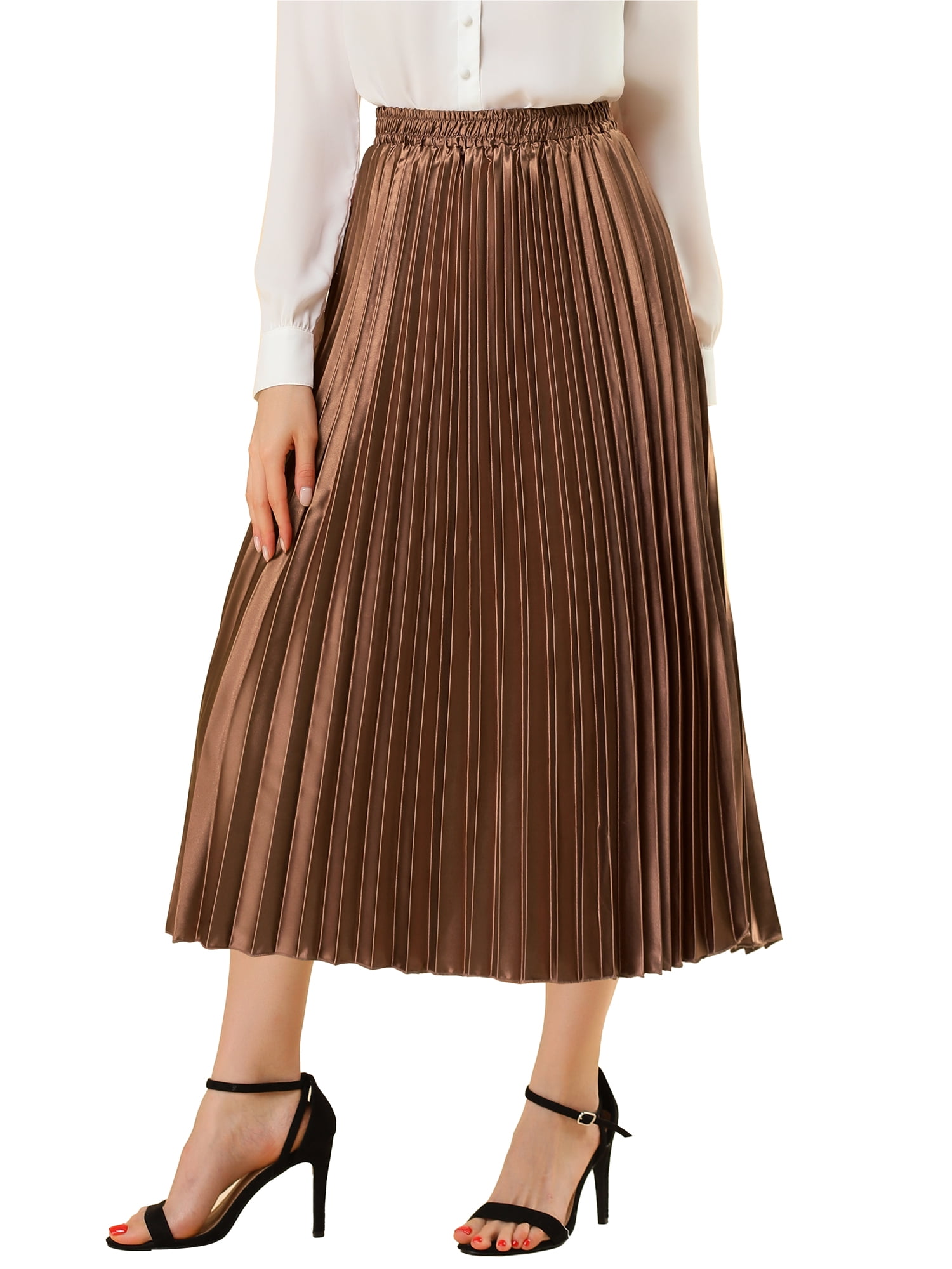 DARING DIVA Women's Midi Length Elastic High Waisted Pleated Skirt 3XL Brown