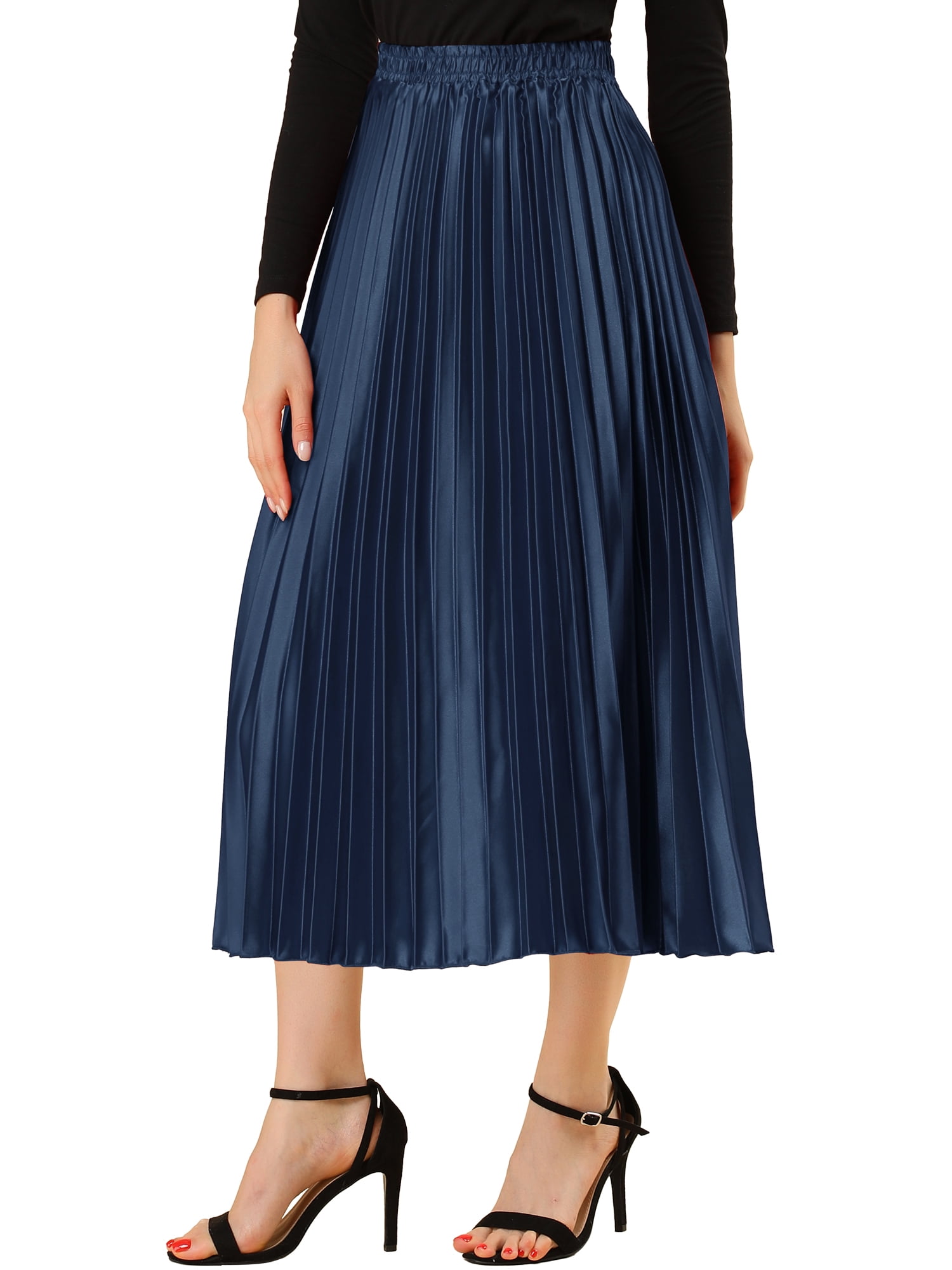 DARING DIVA Women's Midi Length Elastic High Waisted Pleated Skirt 3XL Dark Blue