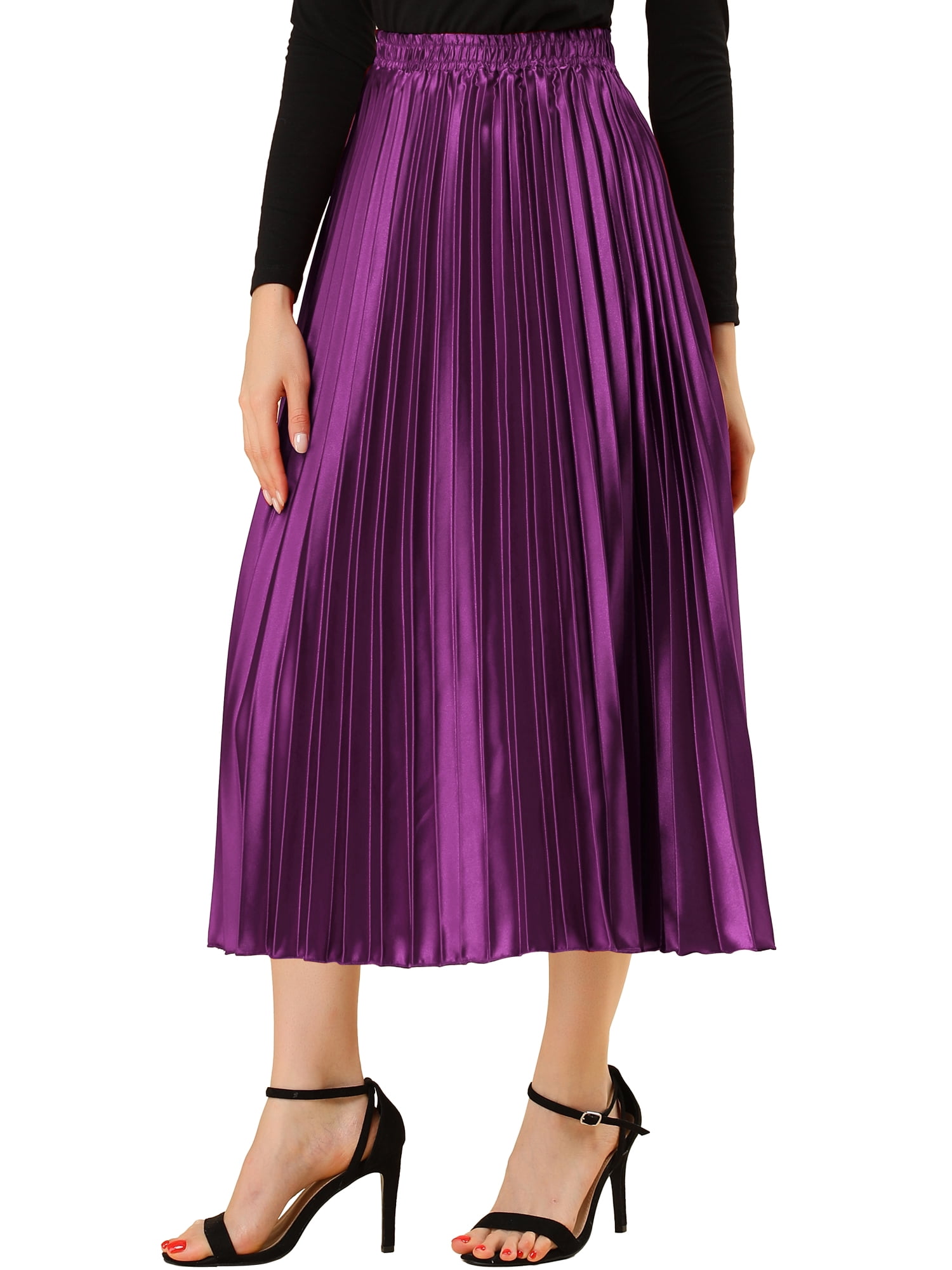 DARING DIVA Women's Midi Length Elastic High Waisted Pleated Skirt 3XL Purple