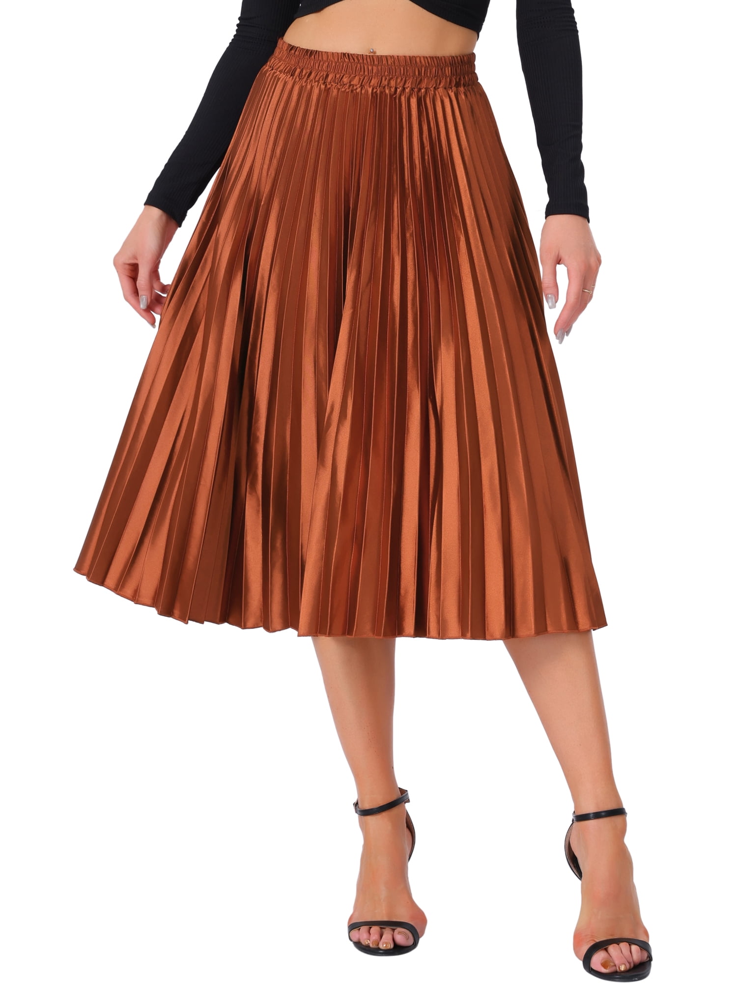 DARING DIVA Women's Midi Length Elastic High Waisted Pleated Skirt S Orange Coffee