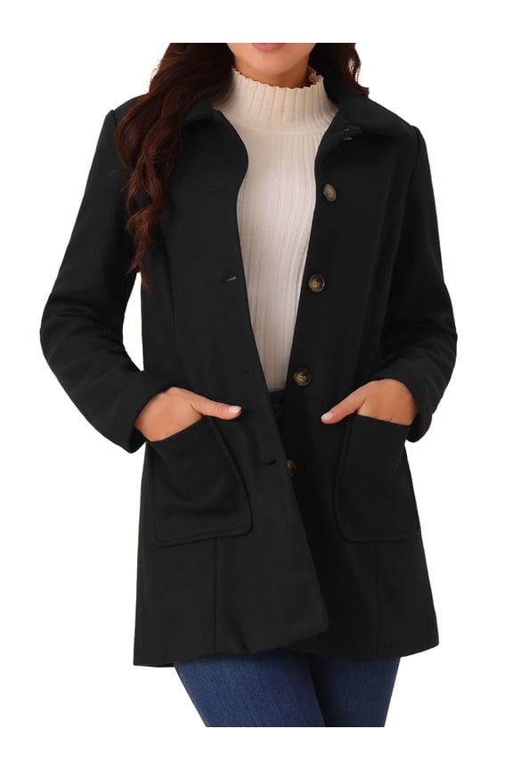 Women's Midi-Length Notch Lapel Single-Breasted Overcoat Black M