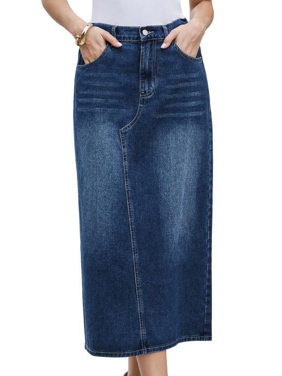 Women's Casual Midi Length Split Back High Waist Long Jean Skirts L Dark Blue