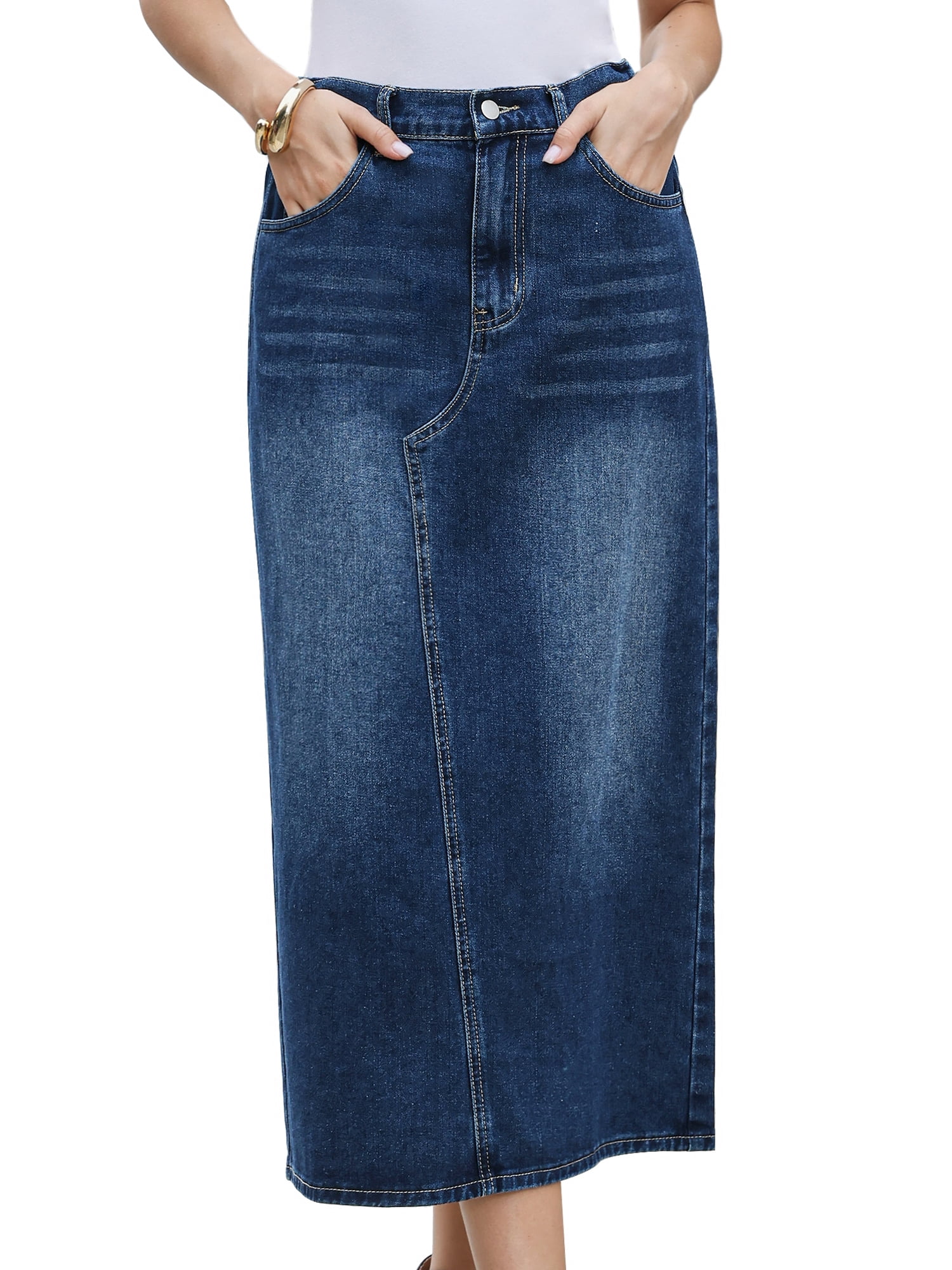 DARING DIVA Women's Casual Midi Length Split Back High Waist Long Jean Skirts XL Dark Blue