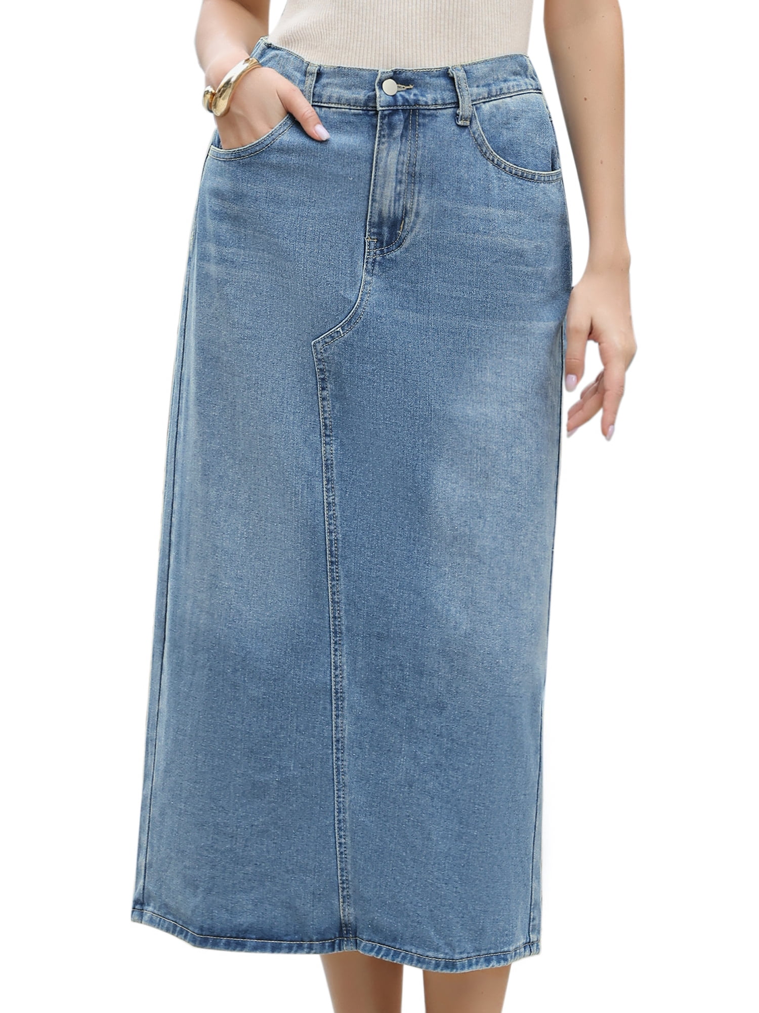 DARING DIVA Women's Casual Midi Length Split Back High Waist Long Jean Skirts XS Sky Blue