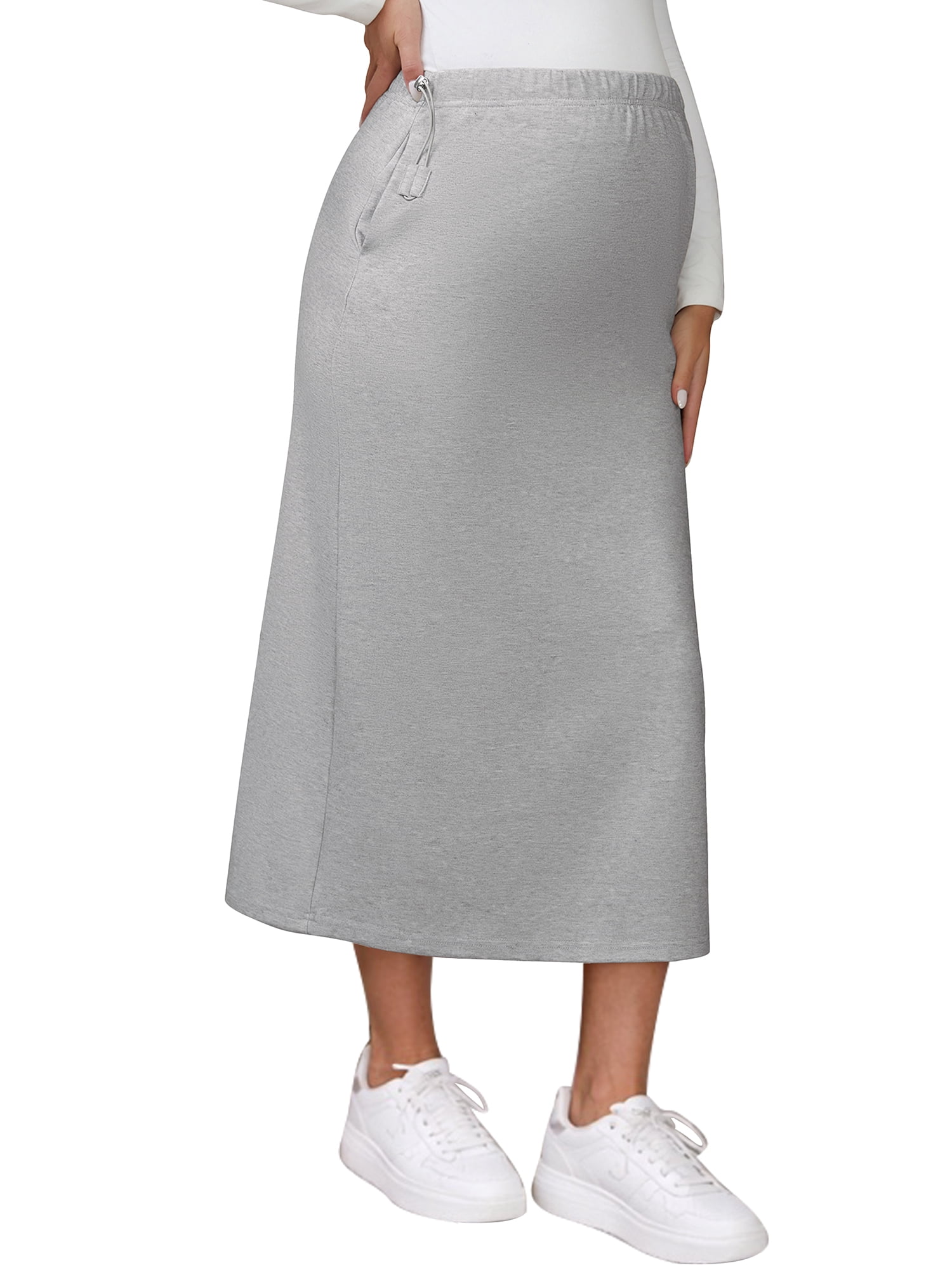 DARING DIVA Women's Midi Skirt Adjustable High Waist Over Belly Stretchy Jersey XL Gray