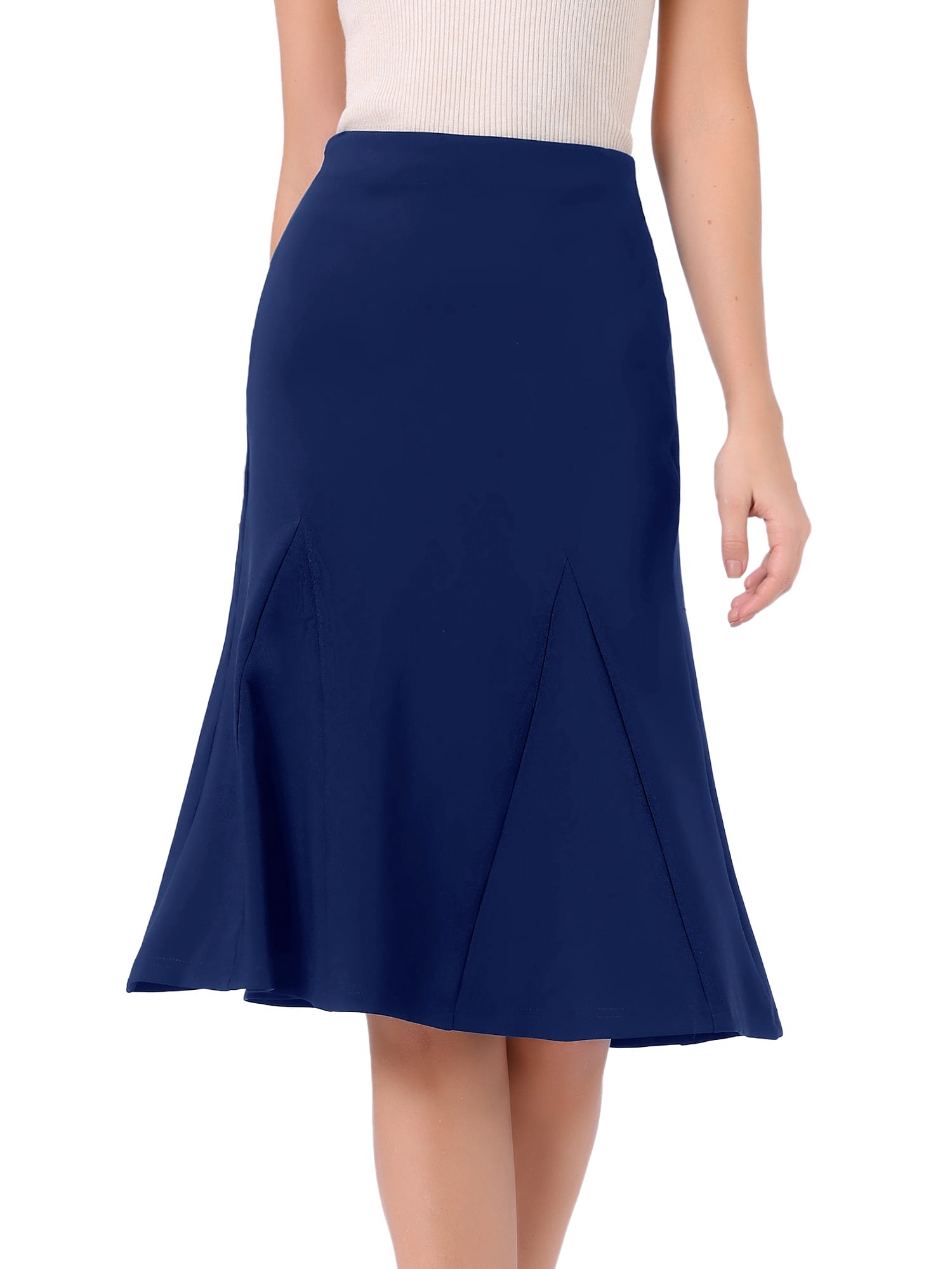 DARING DIVA Women's Midi Skirts Elastic High Waist A Line Flowy Skirt L Dark Blue