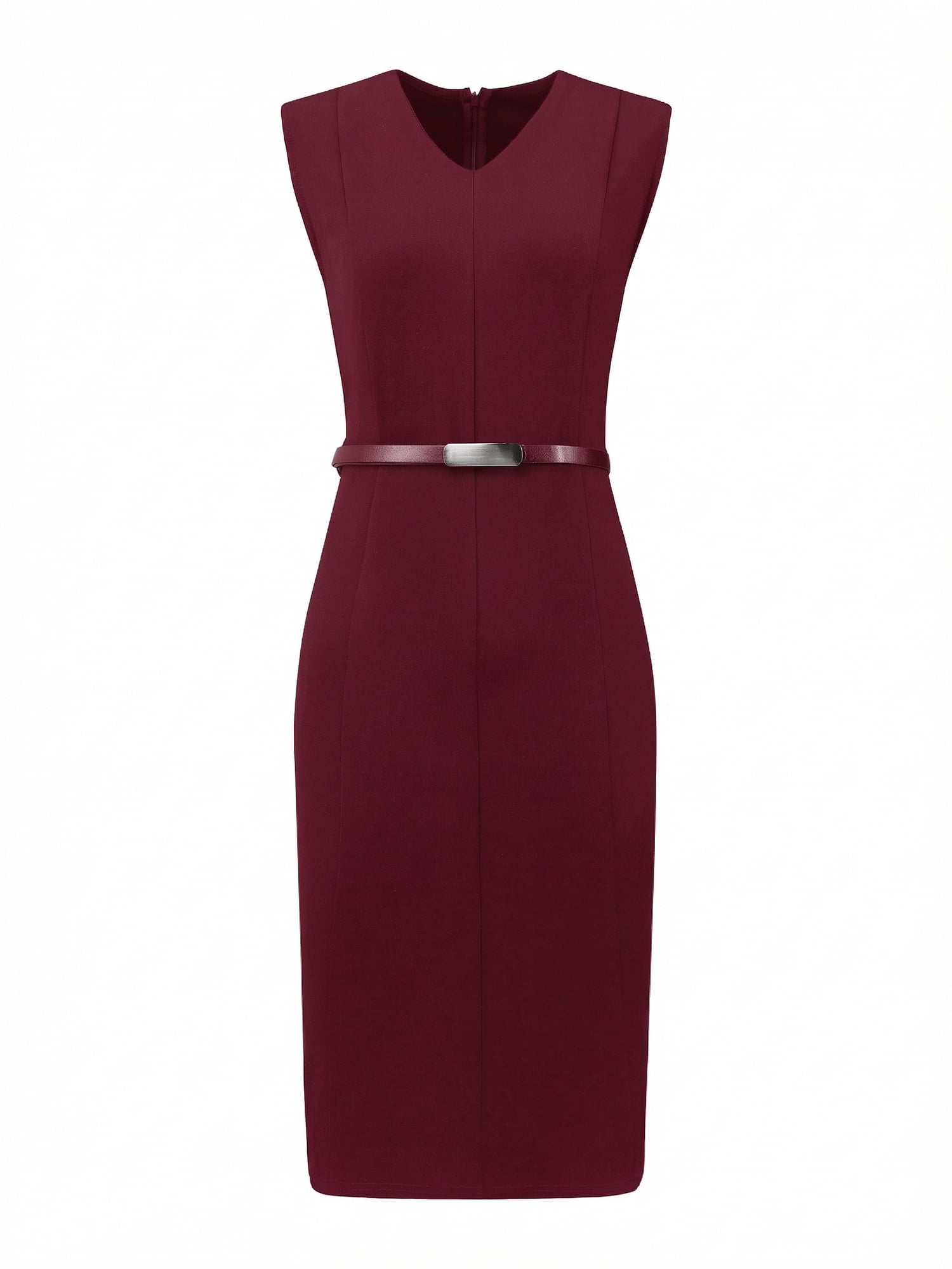 DARING DIVA Women's Midi Sleeveless Dress V-Neck Work Sheath Dresses with Belt L Red