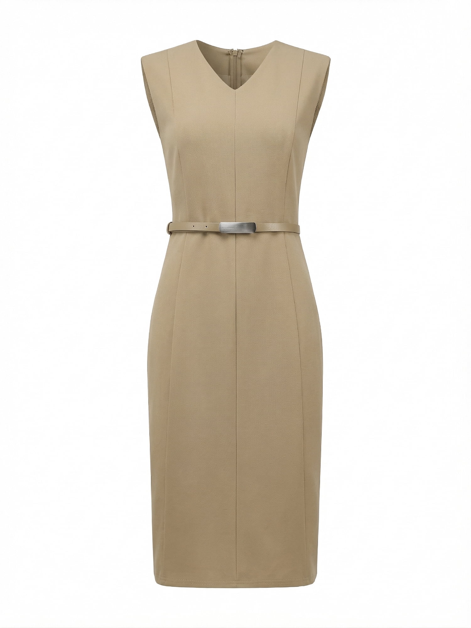 DARING DIVA Women's Midi Sleeveless Dress V-Neck Work Sheath Dresses with Belt XL Khaki