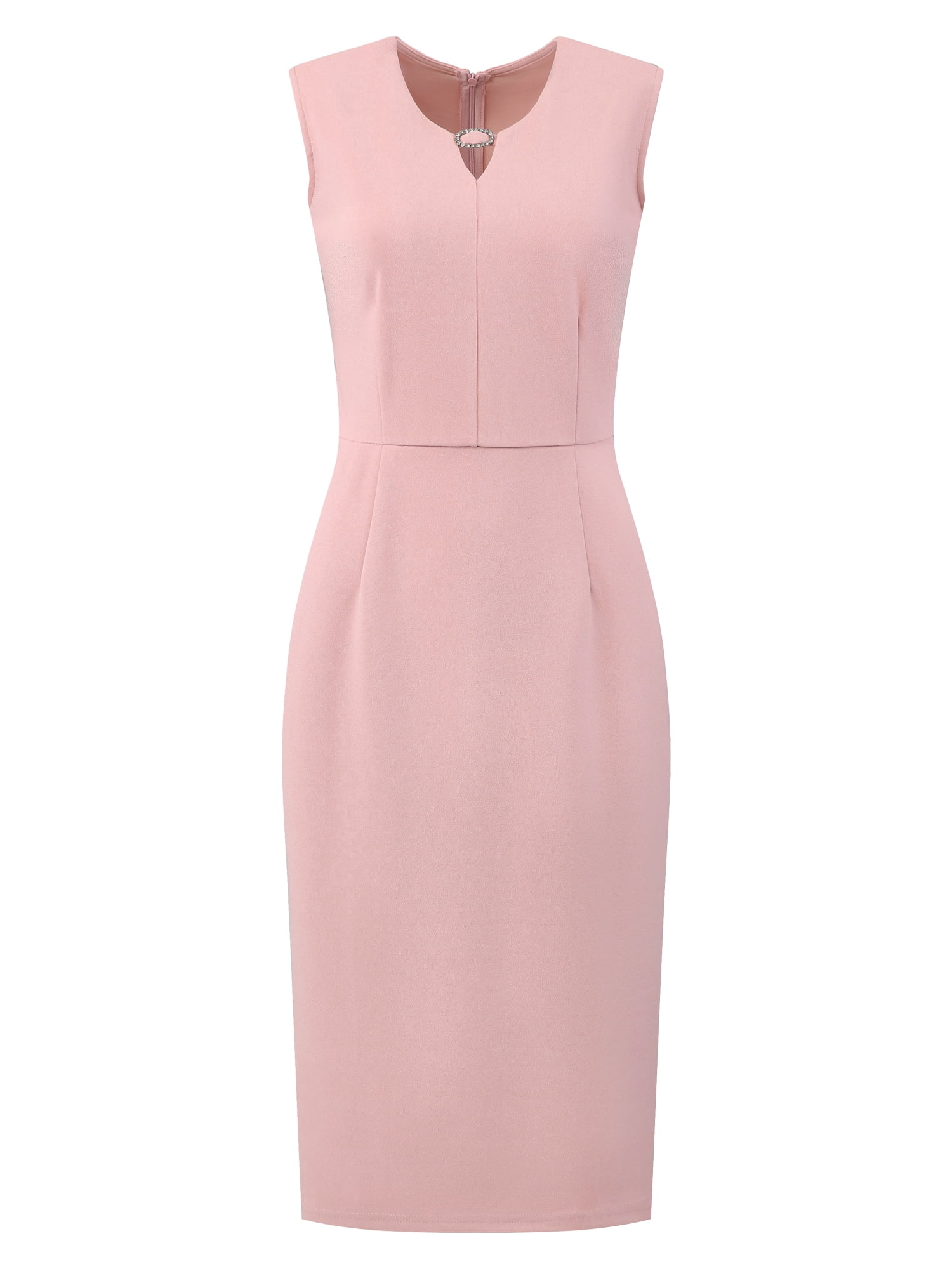 DARING DIVA Women's Midi Sleeveless Pencil Dress V Neck Work Sheath Dresses S Pink