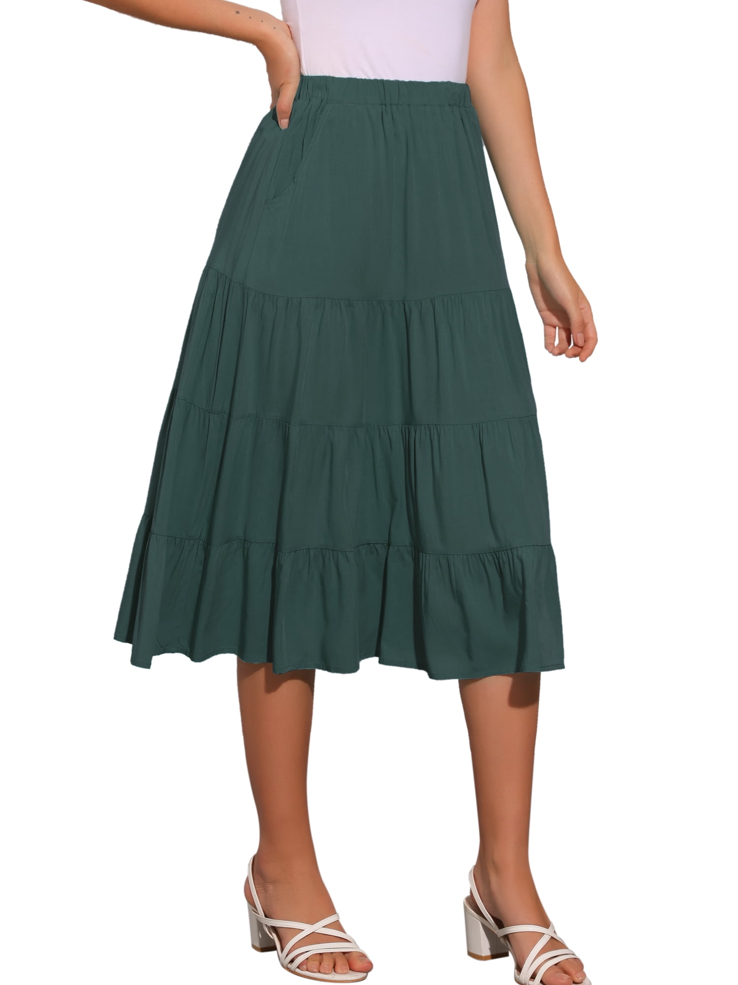 DARING DIVA Women's Midi Tiered Pleated Elastic Waist A-Line Skirt L Army Green