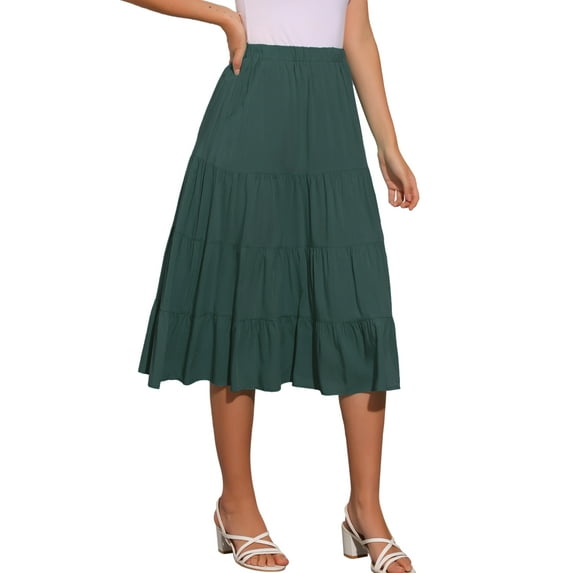 DARING DIVA Women's Midi Tiered Pleated Elastic Waist A-Line Skirt L Army Green