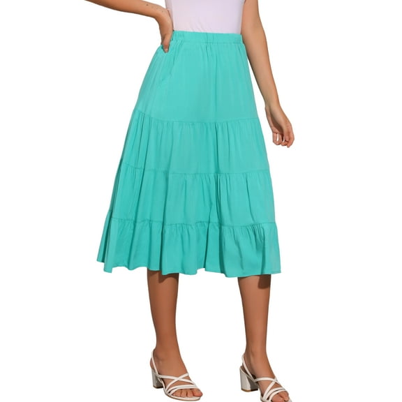 DARING DIVA Women's Midi Tiered Pleated Elastic Waist A-Line Skirt L Teal