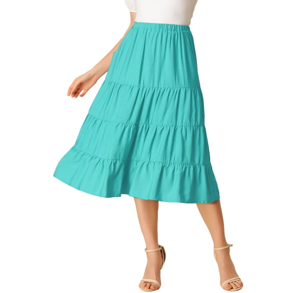 DARING DIVA Women's Flare Tiered Pleated Solid Elastic Waist A-Line Skirt L Teal