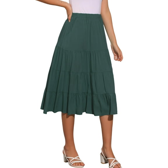 DARING DIVA Women's Midi Tiered Pleated Elastic Waist A-Line Skirt S Army Green