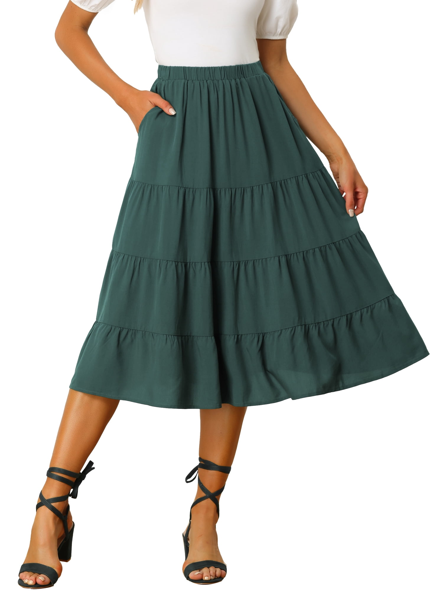 DARING DIVA Women's Flare Tiered Pleated Solid Elastic Waist A-Line Skirt S Army Green