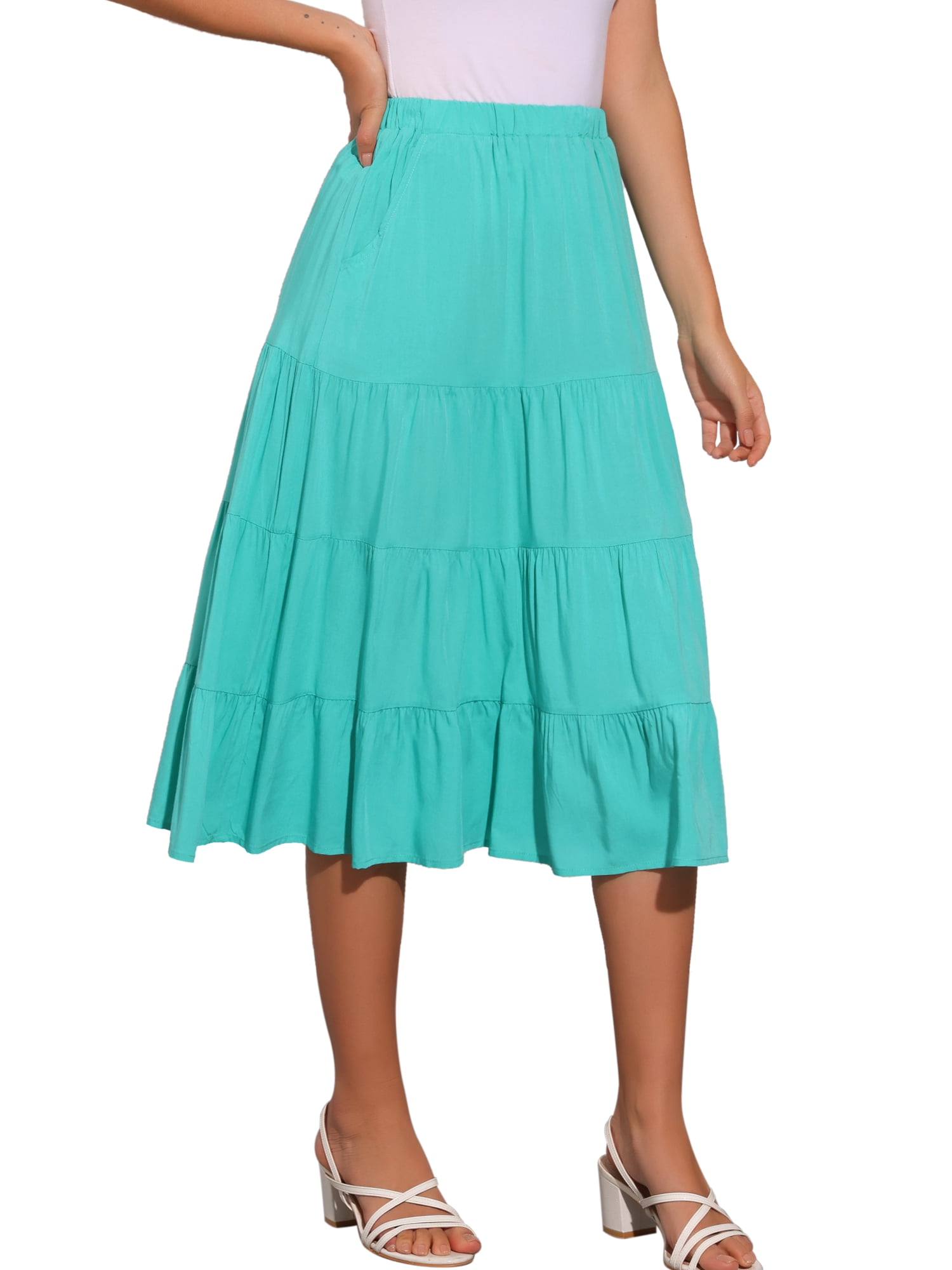 DARING DIVA Women's Midi Tiered Pleated Elastic Waist A-Line Skirt S Teal