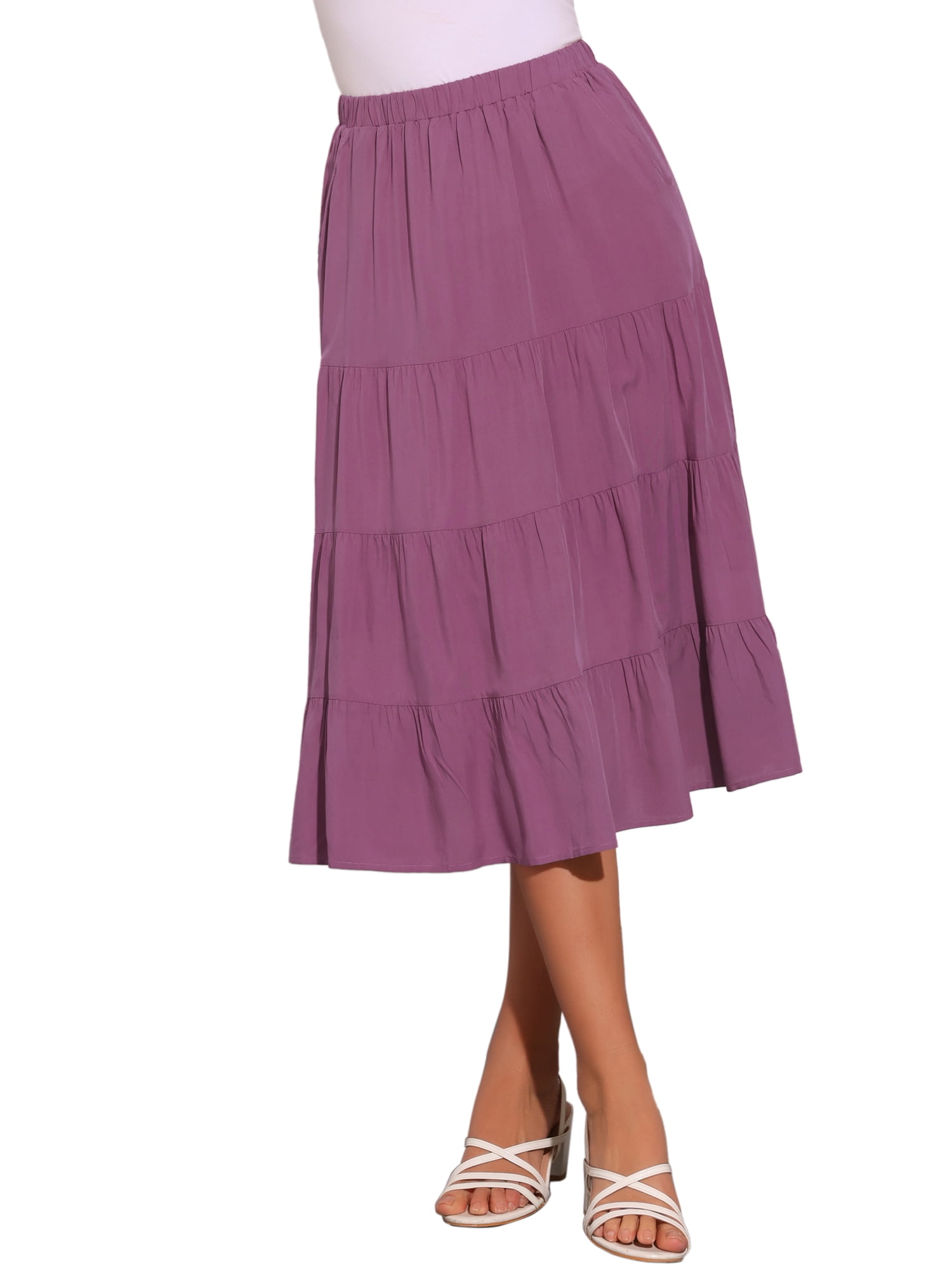 DARING DIVA Women's Midi Tiered Pleated Elastic Waist A-Line Skirt XL Purple