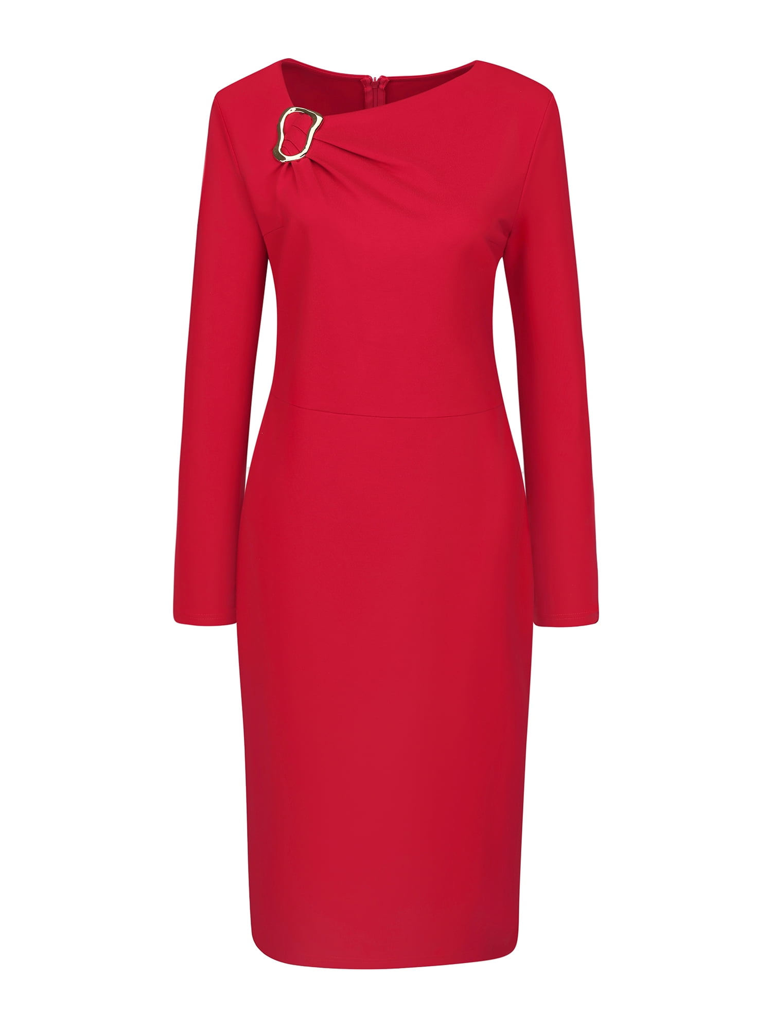 DARING DIVA Women's Midi Work Pencil Dress Asymmetrical Neck Bodycon Dresses M Red
