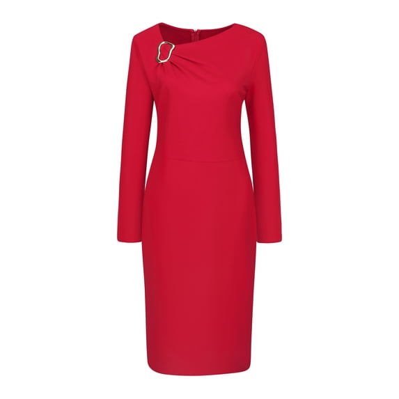 DARING DIVA Women's Midi Work Pencil Dress Asymmetrical Neck Bodycon Dresses M Red