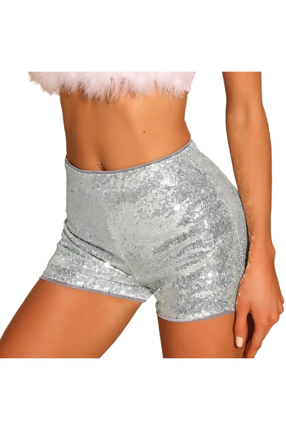 Women's Midrise Solid Sparkle Coctail Sequin Shorts L Silver