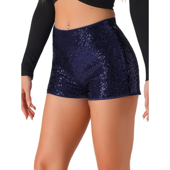 DARING DIVA Women's Midrise Solid Sparkle Coctail Sequin Shorts M Dark Blue