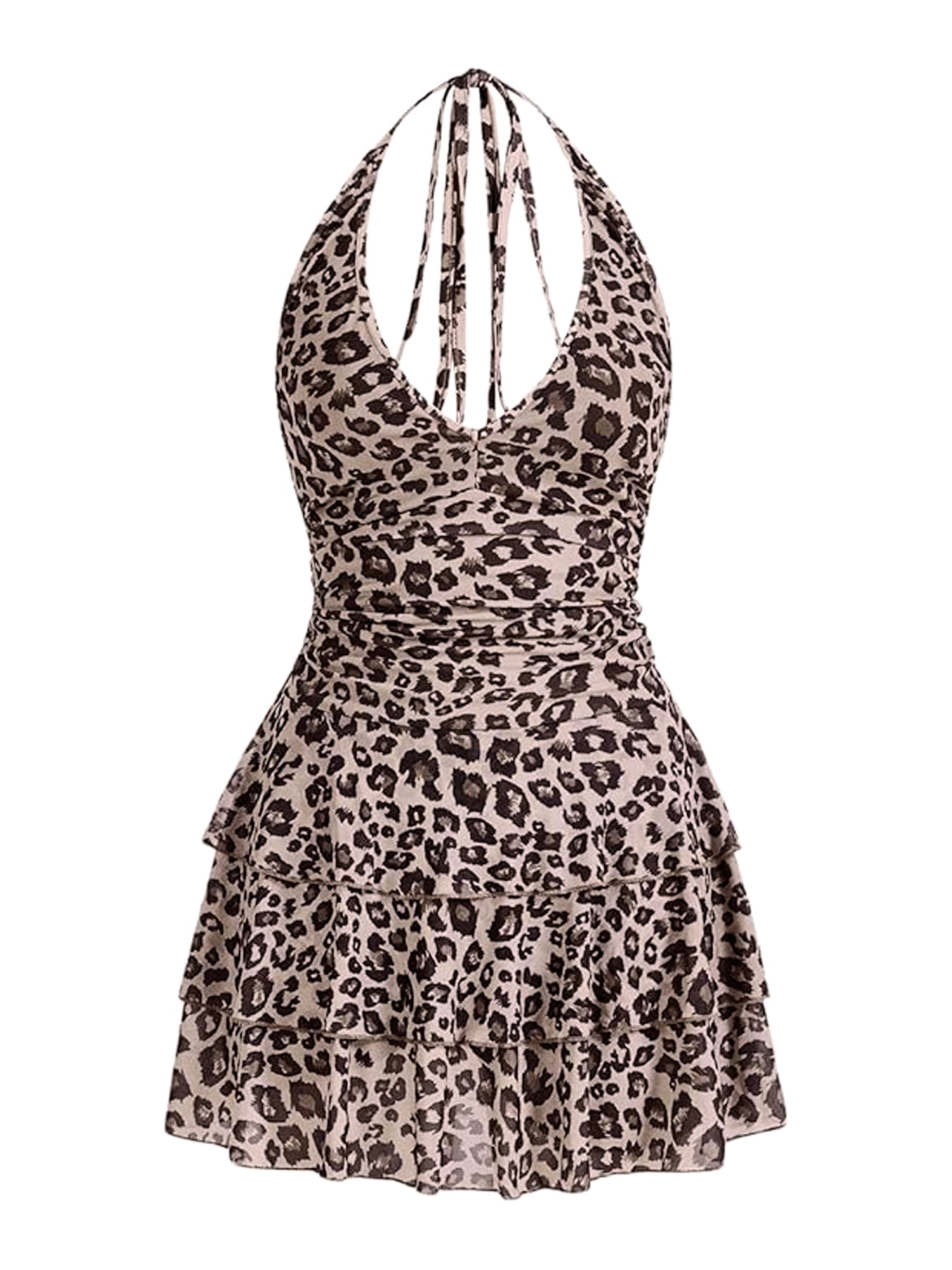 DARING DIVA Women's Mini Backless Halter Tiered Leopard Dresses XL Beige Leopard