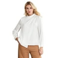 thumbnail image 1 of DARING DIVA Women's Mock Neck Satin Long Sleeve Pleated Front Blouses S White, 1 of 6