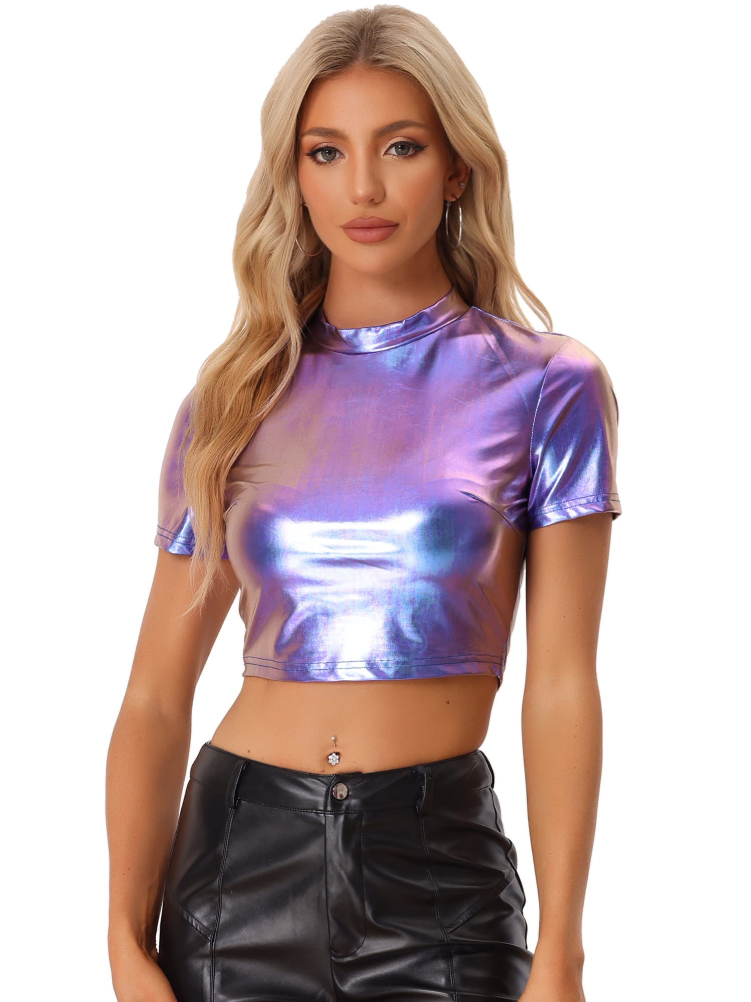 DARING DIVA Women's Mock Neck Short Sleeve Metallic Crop Tops T-Shirts M Blue