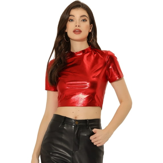 DARING DIVA Women's Mock Neck Short Sleeve Metallic Crop Tops T-Shirts S Red