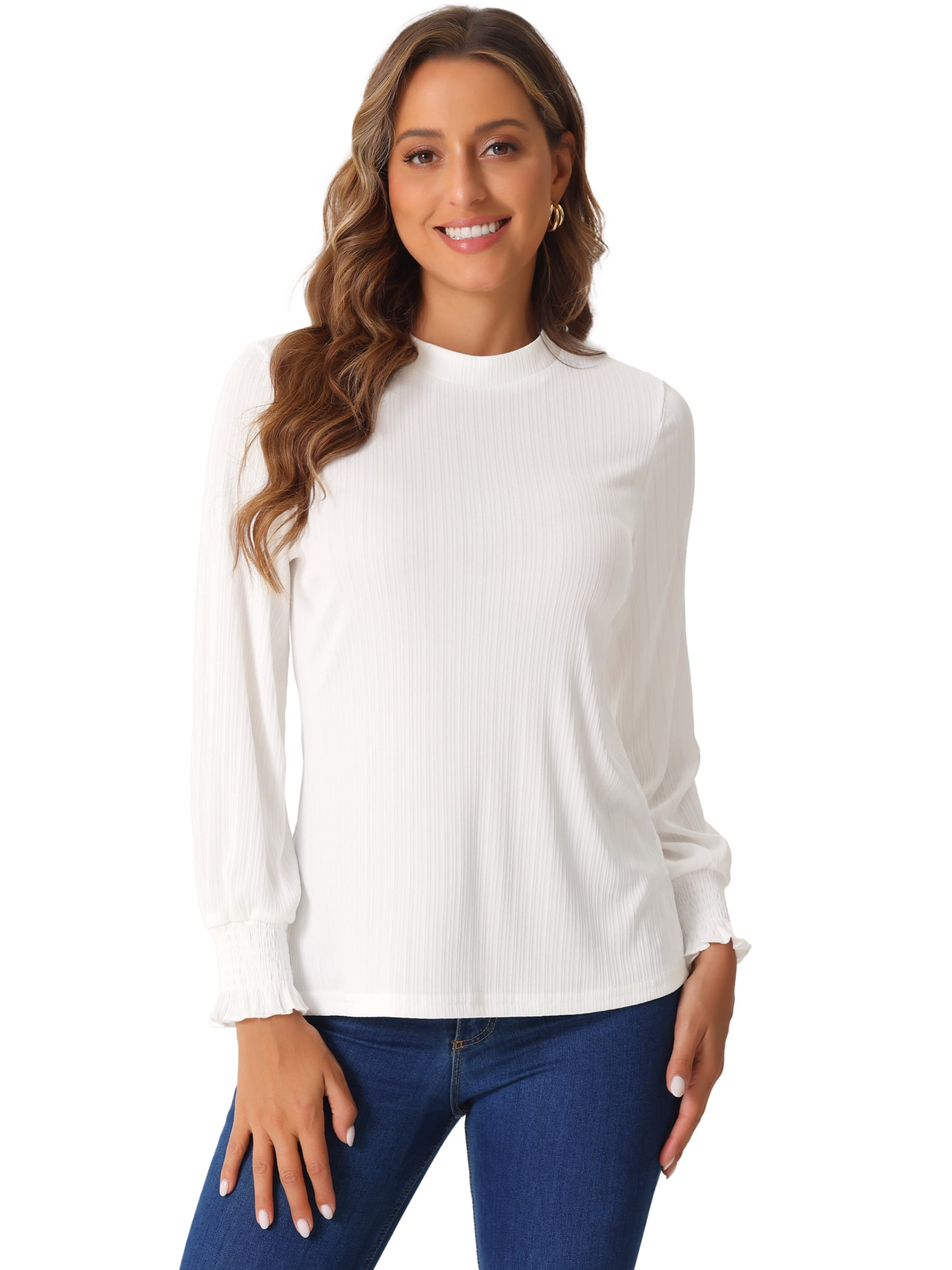 DARING DIVA Women's Mock Neck Smocked Ruffle Cuff Tops M White