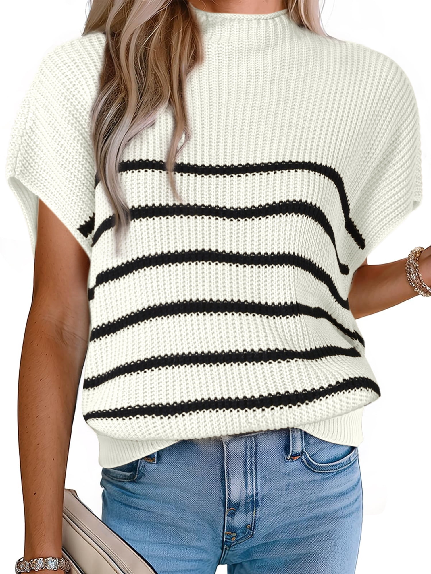 DARING DIVA Women's Mock Neck Striped Cap Sleeve Knit Tops XL White
