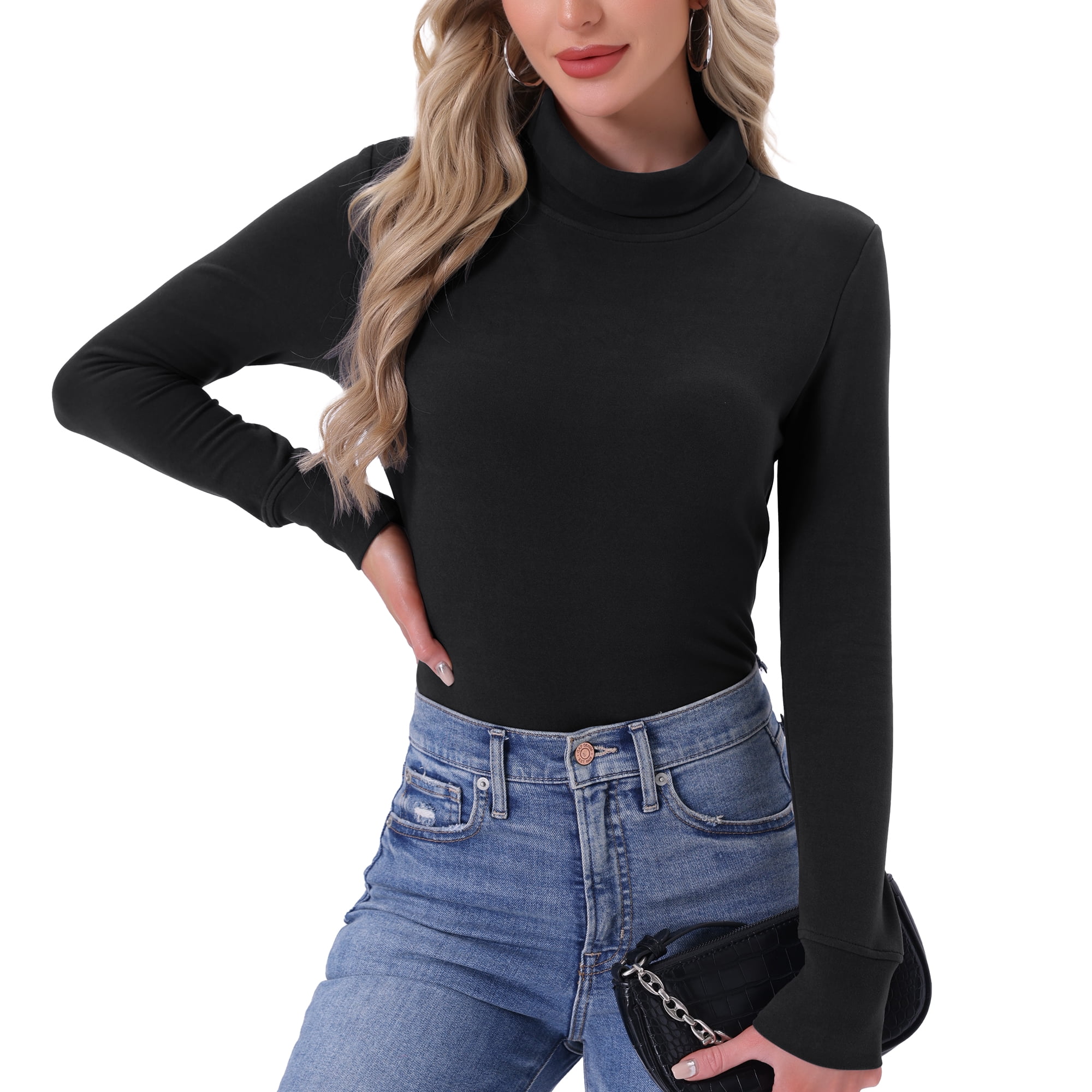 DARING DIVA Women's Mock Turtle Long Sleeve Shirts Fall Winter Warm Top M Balck