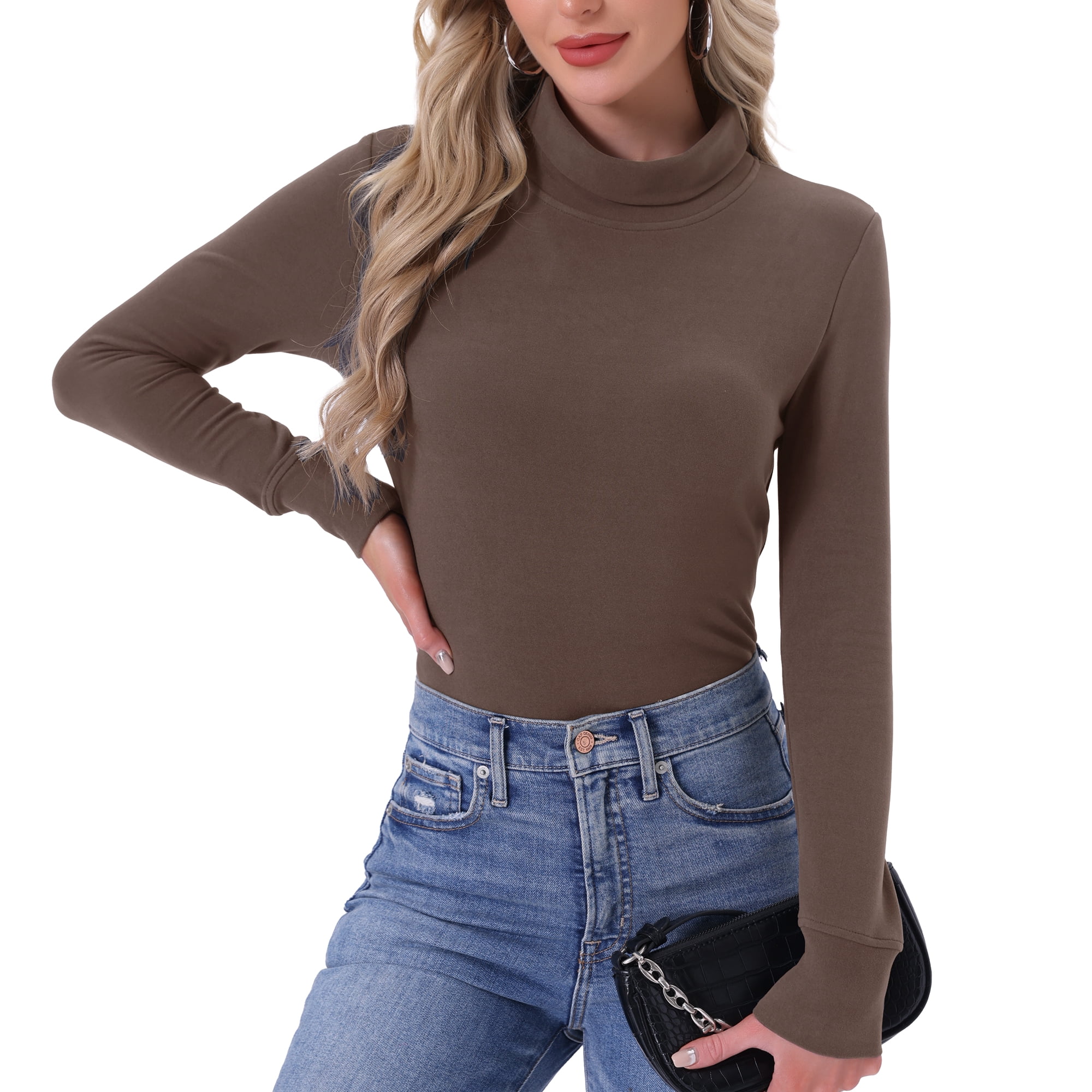 DARING DIVA Women's Mock Turtle Long Sleeve Shirts Fall Winter Warm Top S Coffee