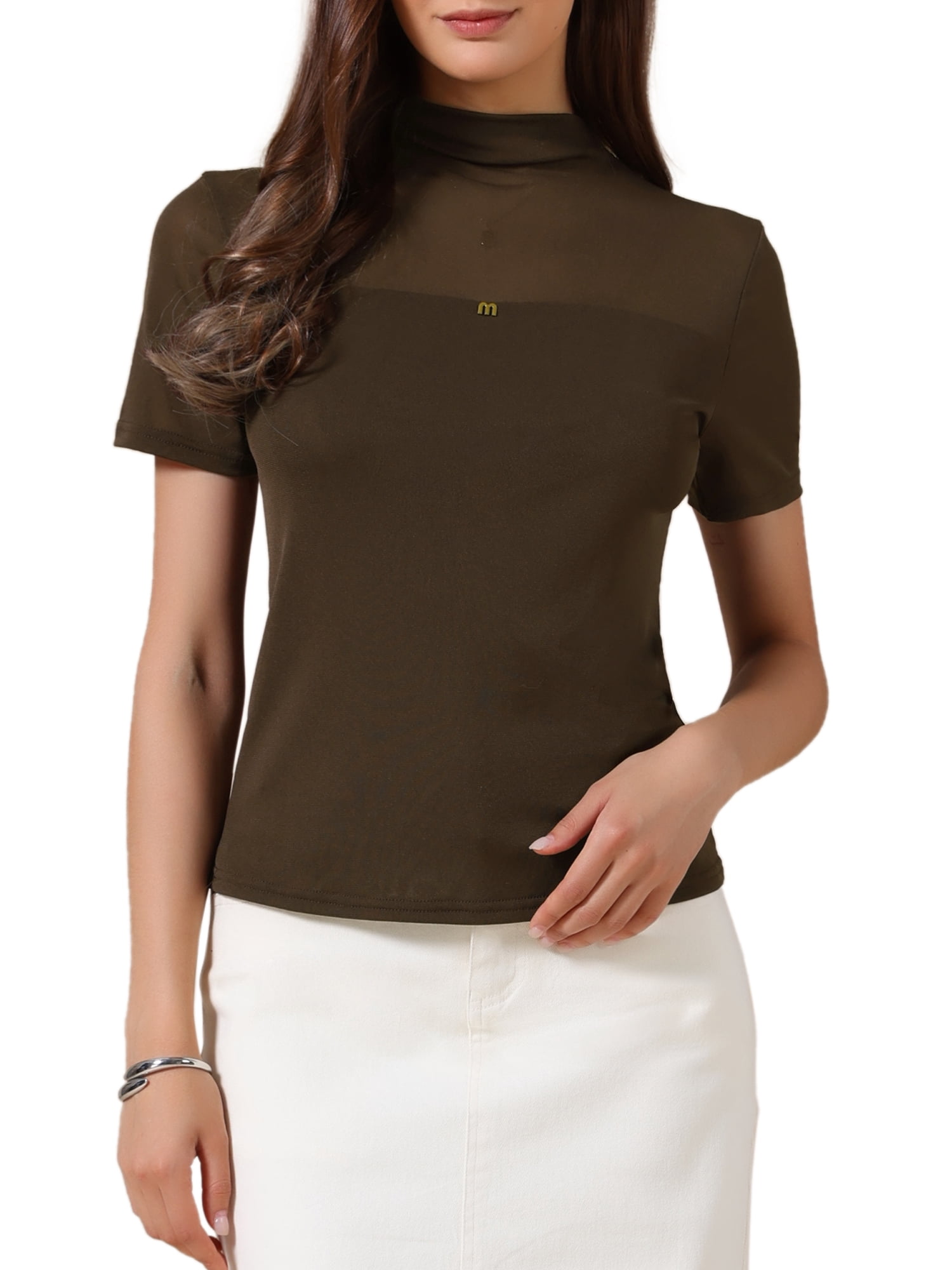 DARING DIVA Women's Mock Turtle Neck Short Sleeve Top Sheer Mesh Shirts L Coffee