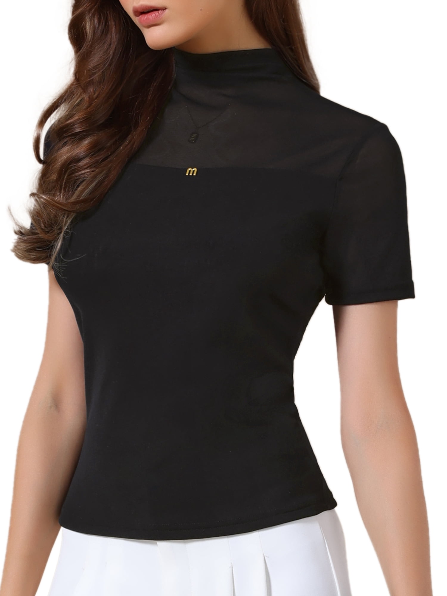 DARING DIVA Women's Mock Turtle Neck Short Sleeve Top Sheer Mesh Shirts M Black
