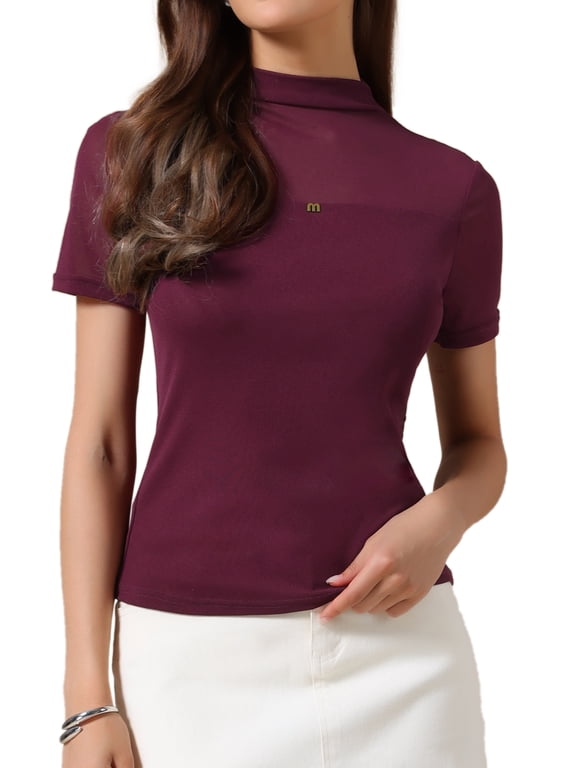 Women's Mock Turtle Neck Short Sleeve Top Sheer Mesh Shirts XL Wine Red