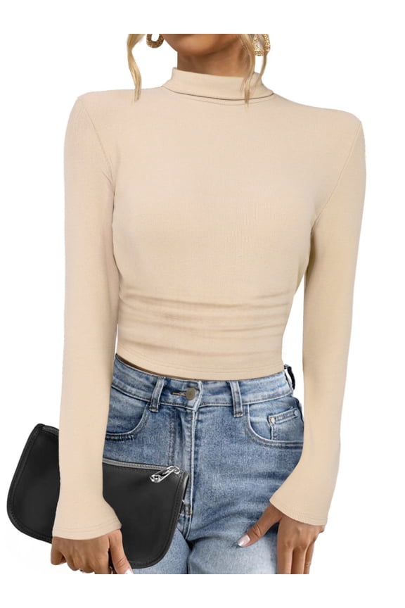 Women's Mock Turtleneck Long Sleeve Fitted Pullover Sweater L Khaki