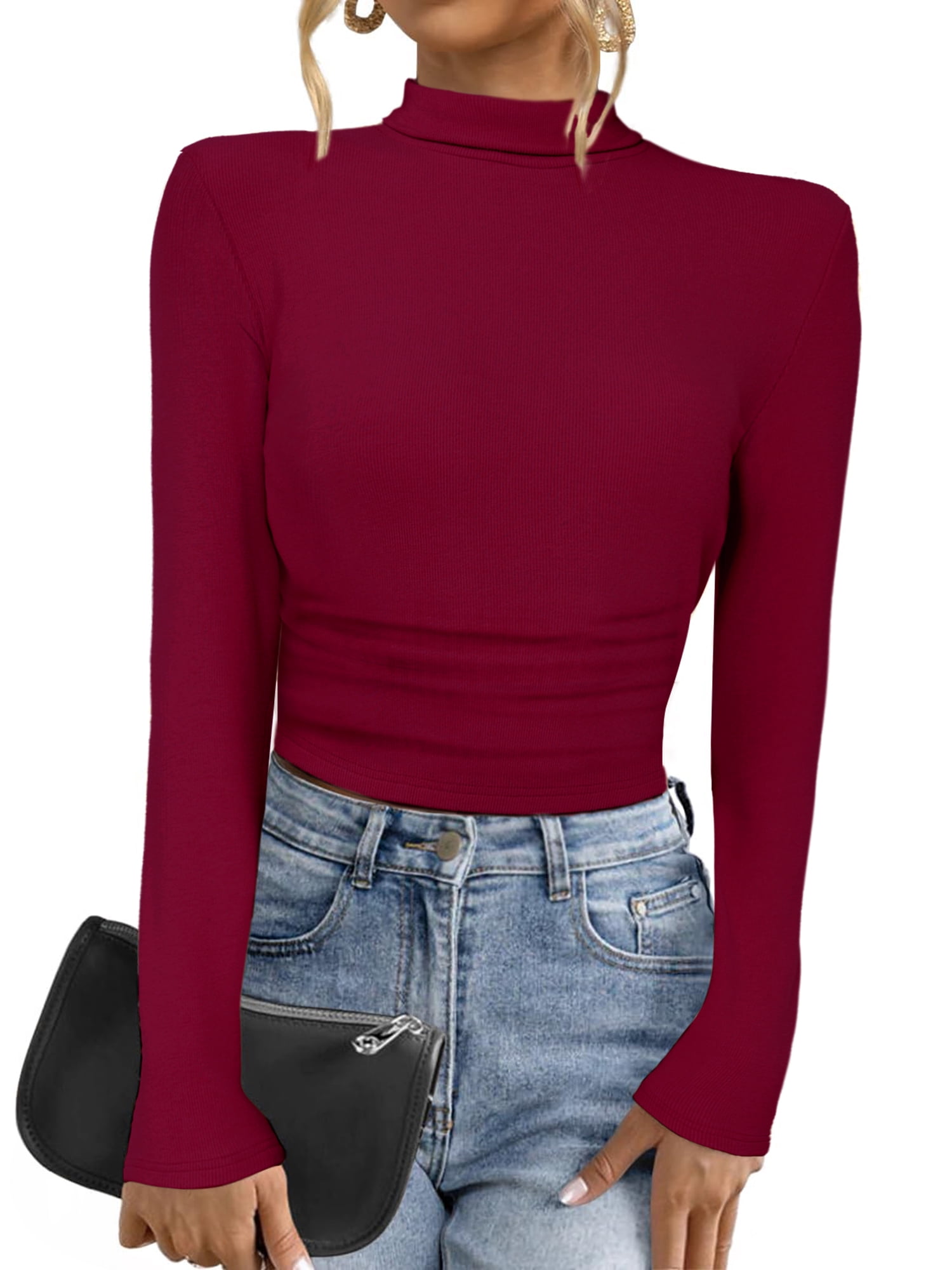 DARING DIVA Women's Mock Turtleneck Long Sleeve Fitted Pullover Sweater L Wine Red