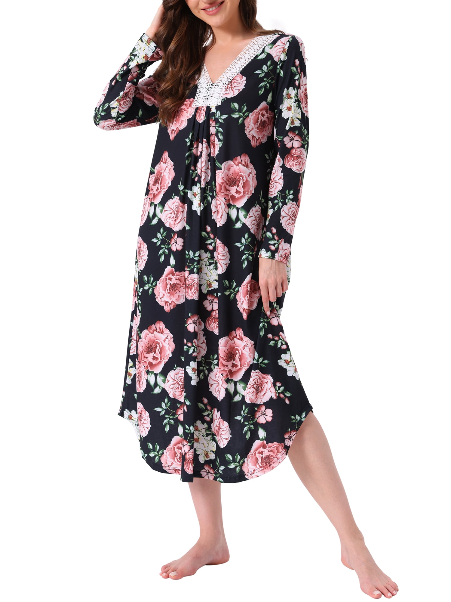 DARING DIVA Women's Moomoo Sleepwear Floral Long Sleeves Mumu Lounge Dress S Black