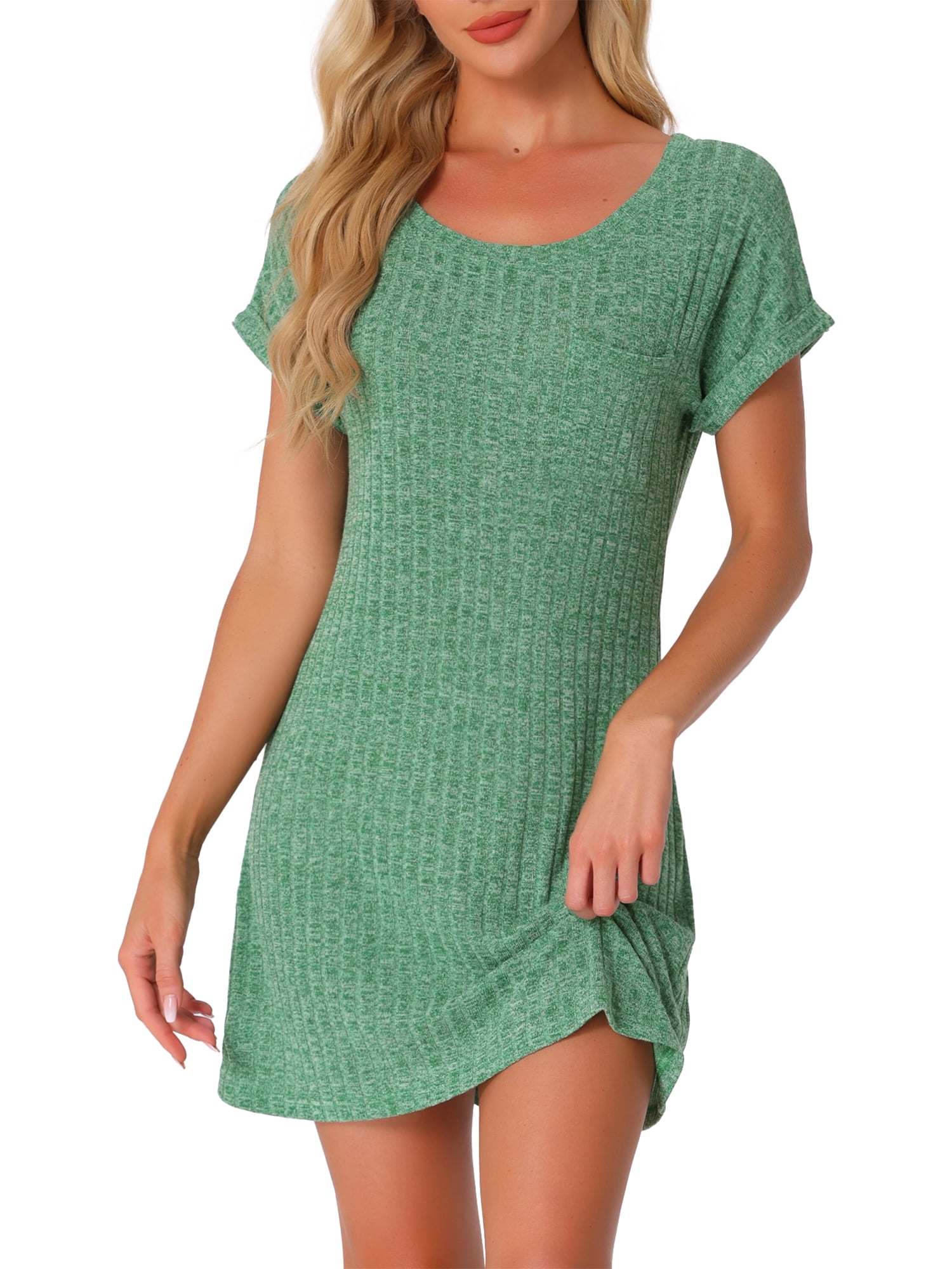 DARING DIVA Women's Nightgown Ribbed Knit Sleepshirt Short Sleeve Sleepwear XL Green
