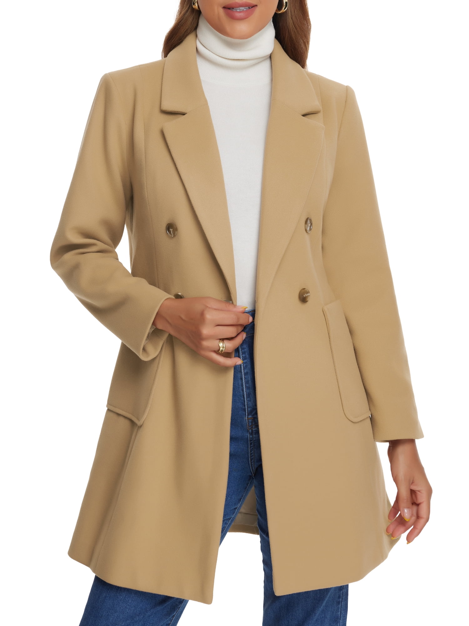 DARING DIVA Women's Notch Lapel Pea Coats Classic Double Breasted Winter Coats S Khaki