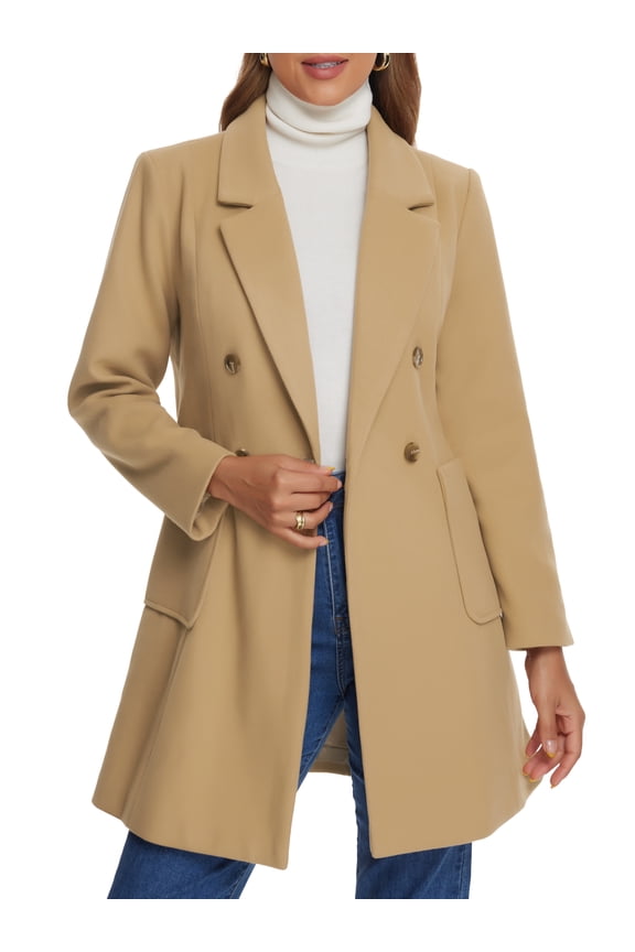 Women's Notch Lapel Classic Double Breasted Winter Coat Khaki S
