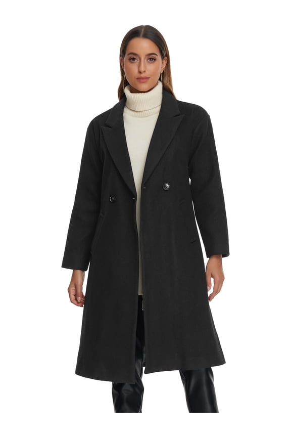 Women's Notch Lapel Double-Breasted Mid-Length Long Coat Black S