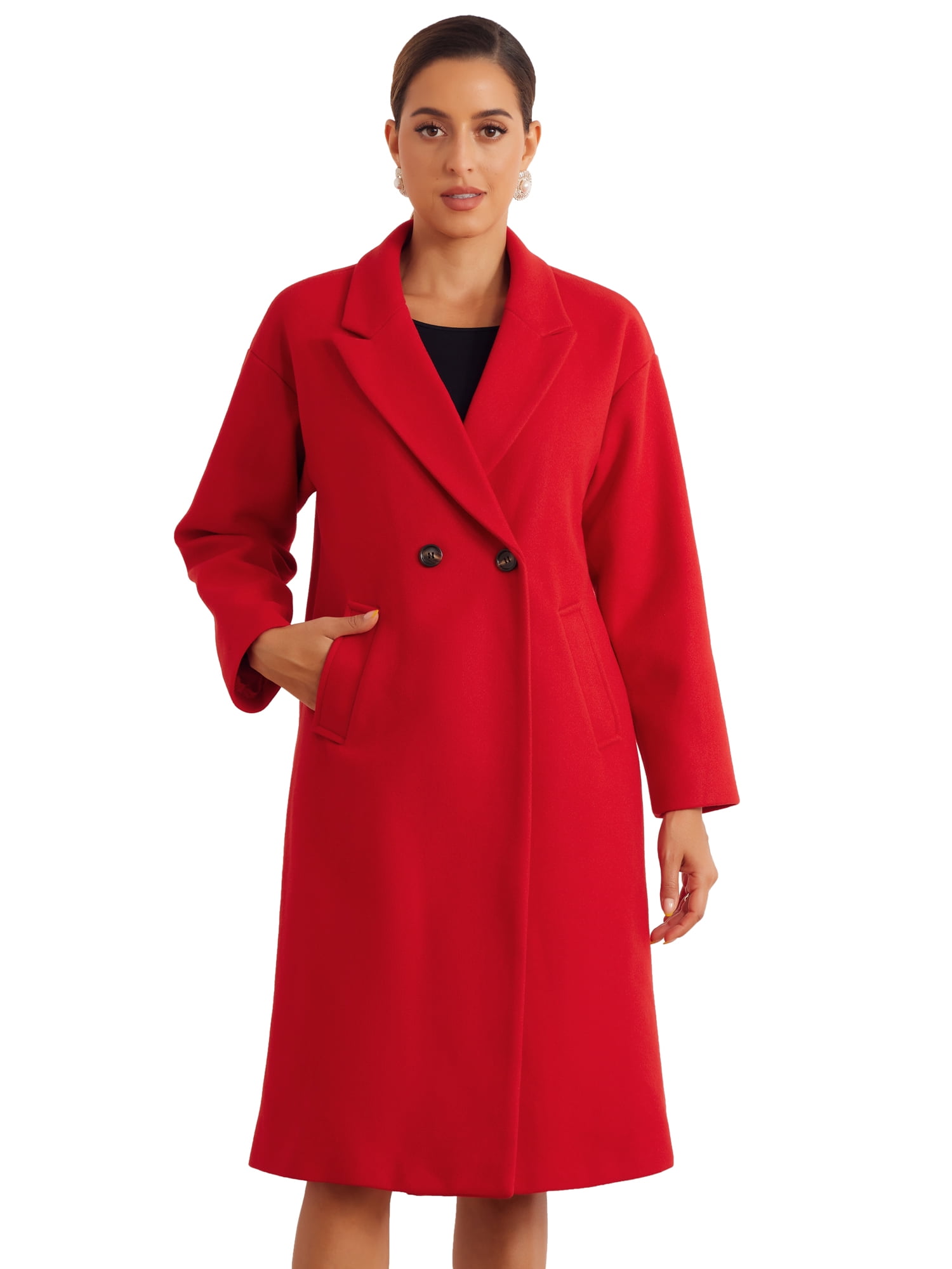 DARING DIVA Women's Winter Overcoat Notch Lapel Double-Breasted Mid-Length Long Coat L Red