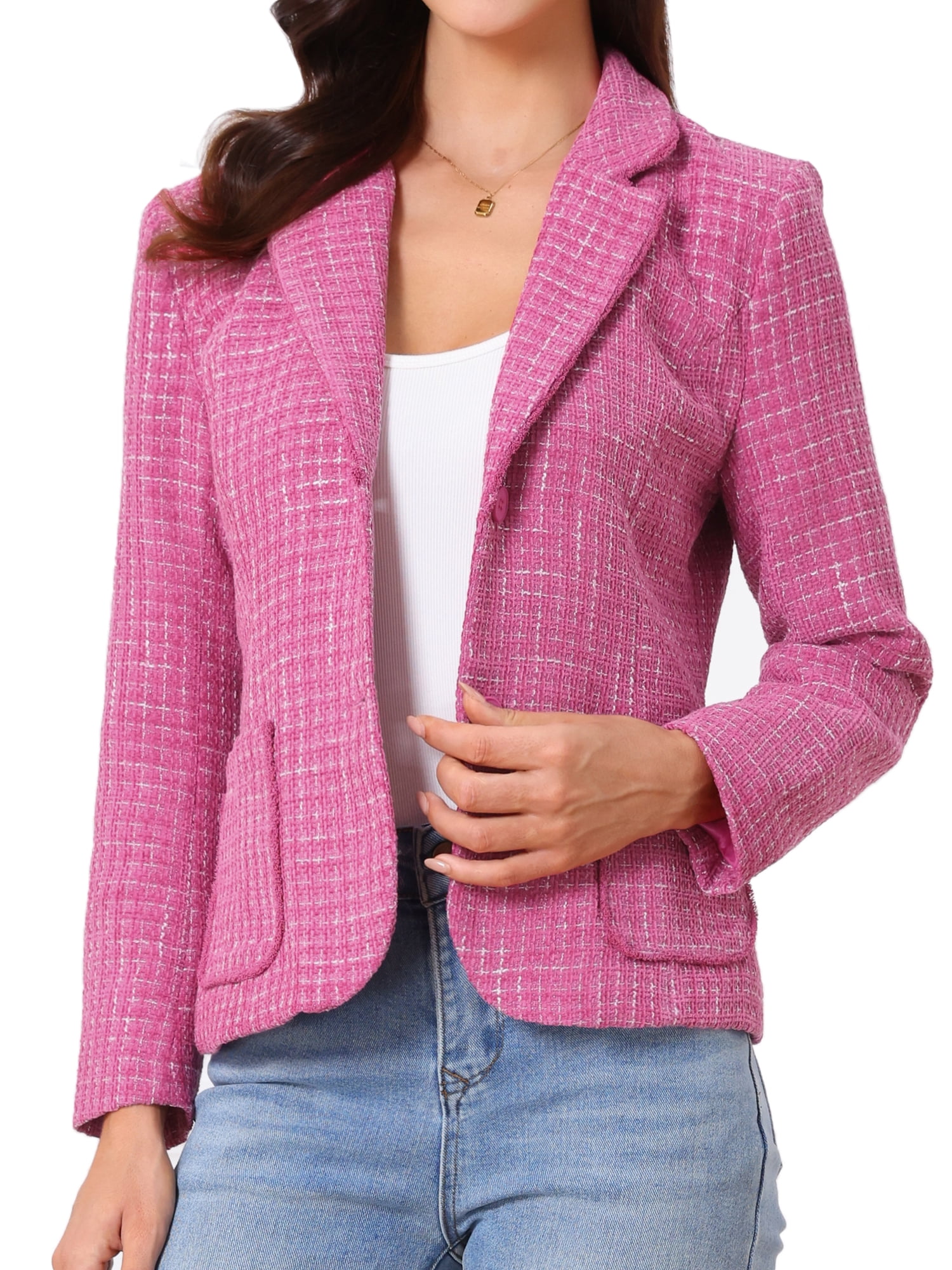 DARING DIVA Women's Notch Lapel Long Sleeve Elegant Business Casual Jacket L Hot Pink
