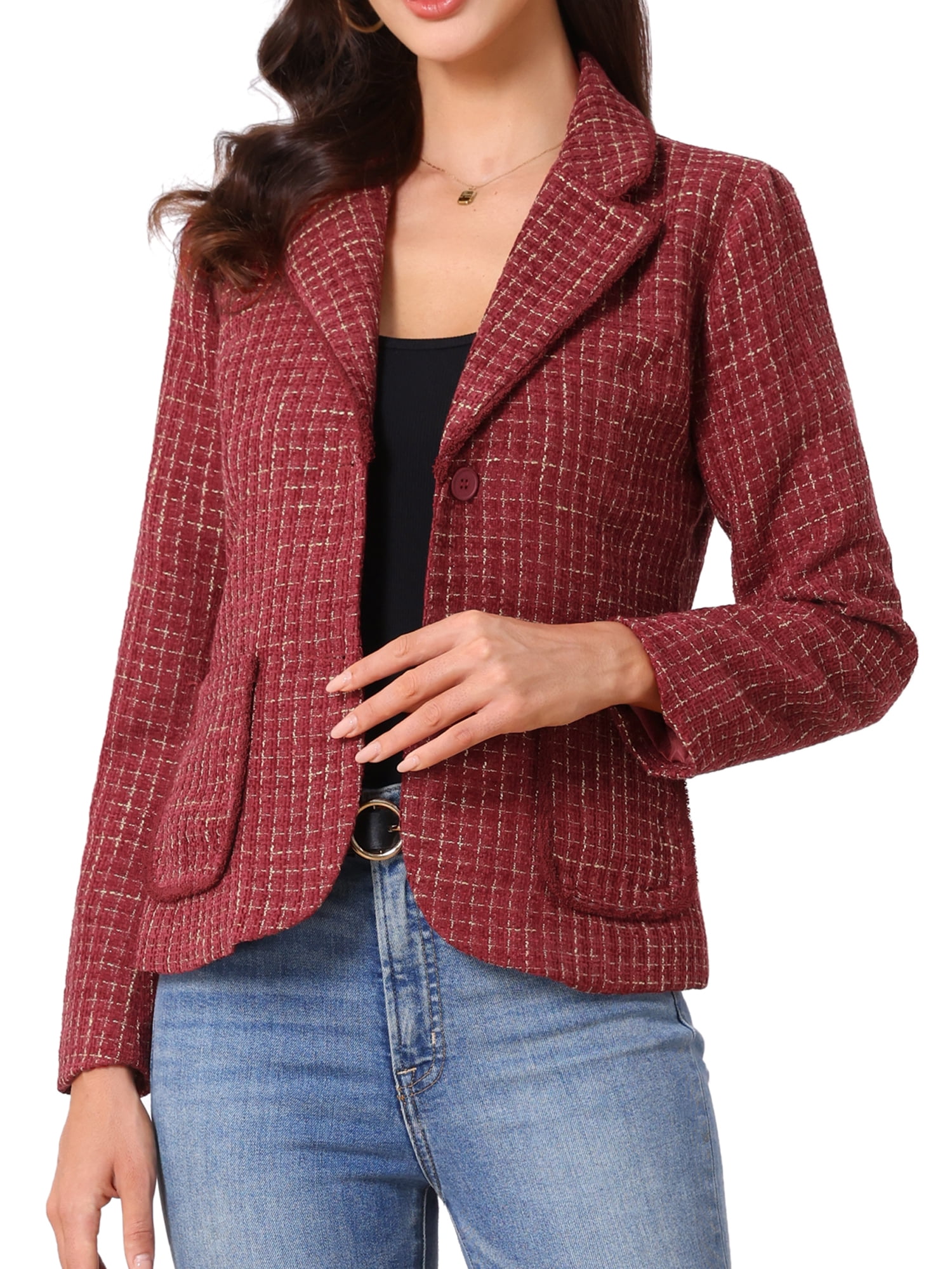 DARING DIVA Women's Notch Lapel Long Sleeve Elegant Business Casual Jacket S Dark Red