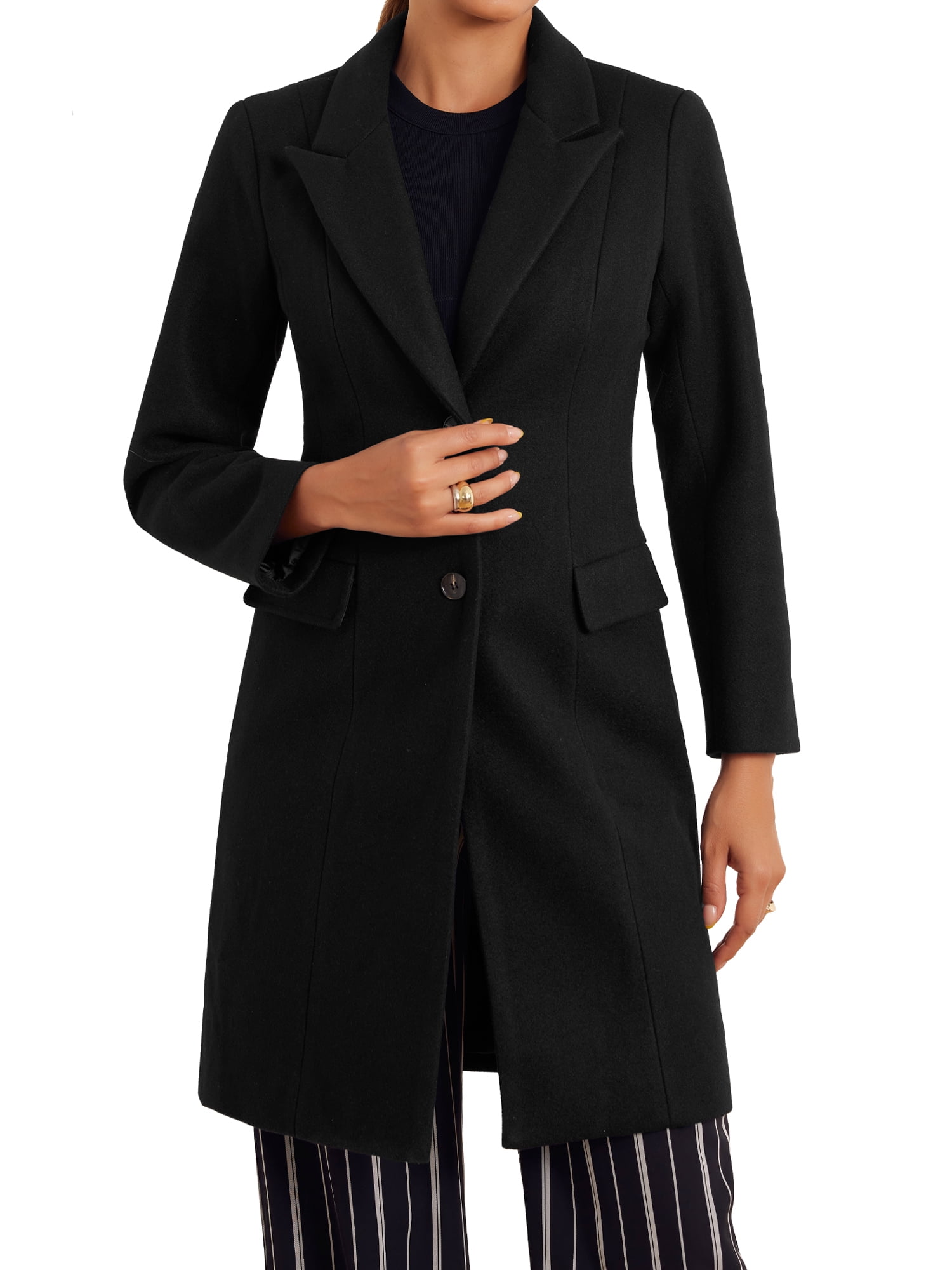 DARING DIVA Women's Notch Lapel Midi Single Breasted Winter Overcoat Black M