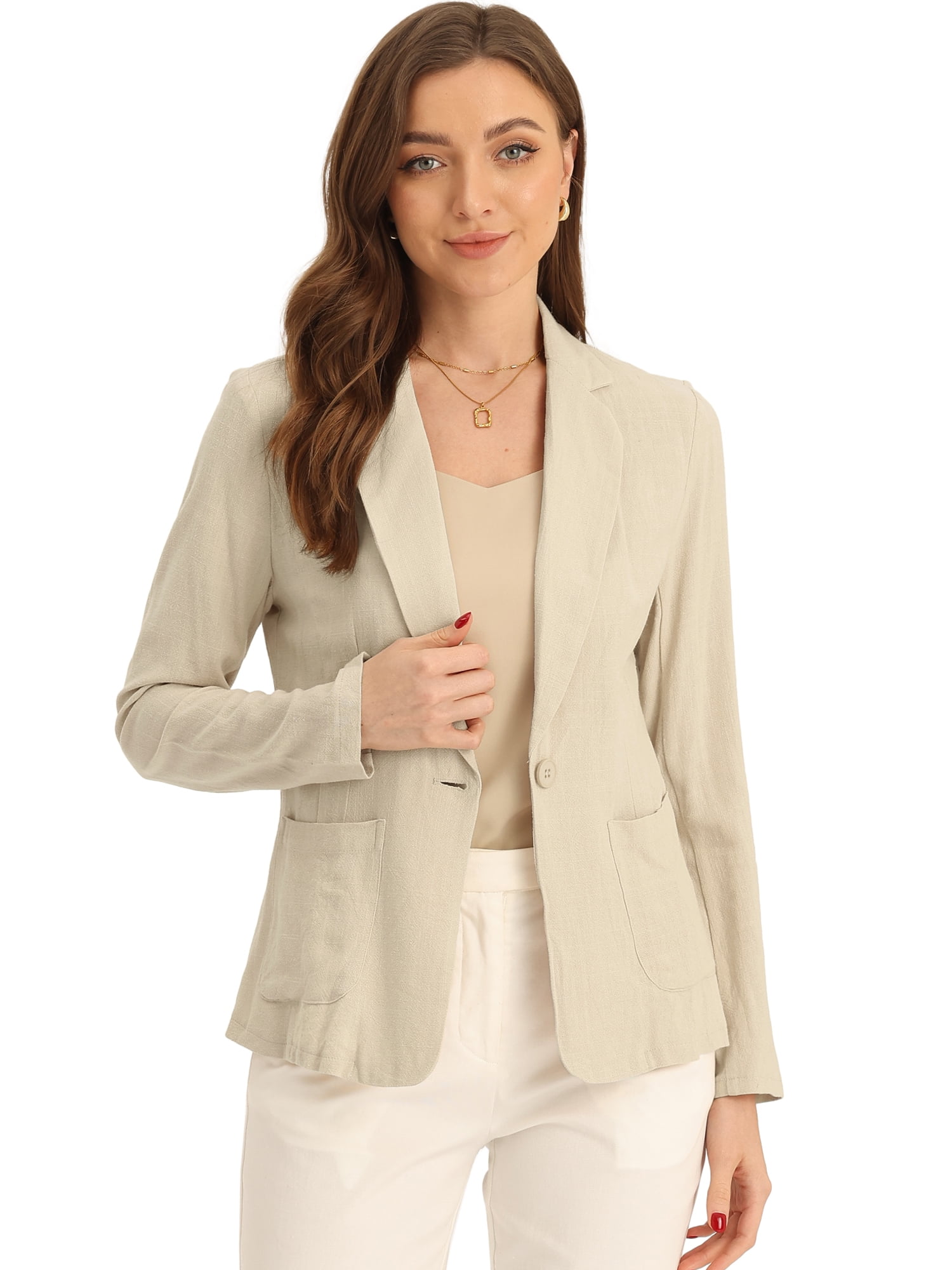 DARING DIVA  Women's Notch Lapel One Button Linen Blazer L Beige