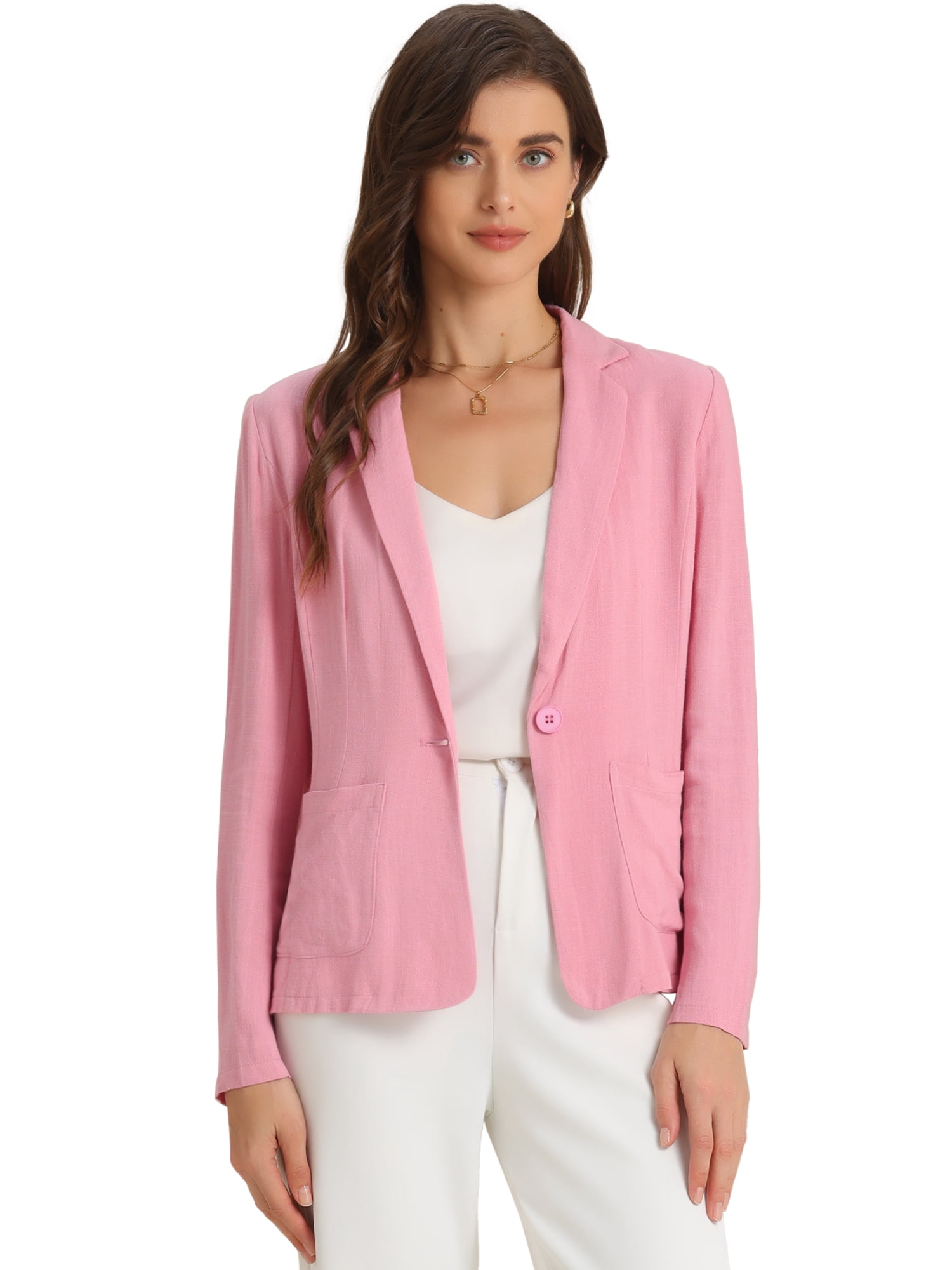 DARING DIVA  Women's Notch Lapel One Button Linen Blazer M Pink