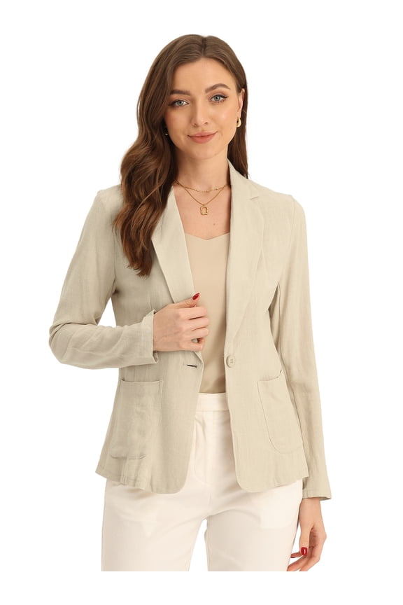 Women's Notch Lapel One Button Linen Blazer XL Beige